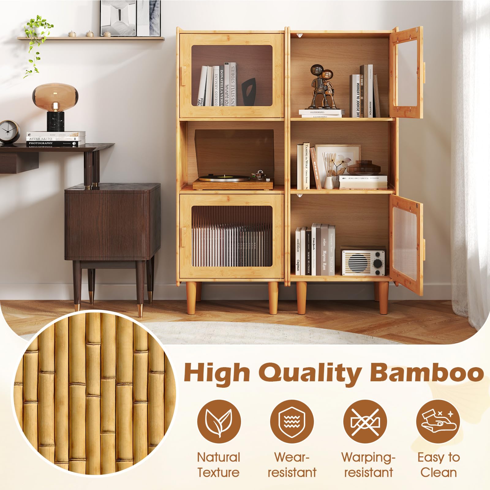 Giantex Bamboo Storage Cabinet, 3-Cube Bookcase, Freestanding Liquor Display Sideboard with 2 Single Doors