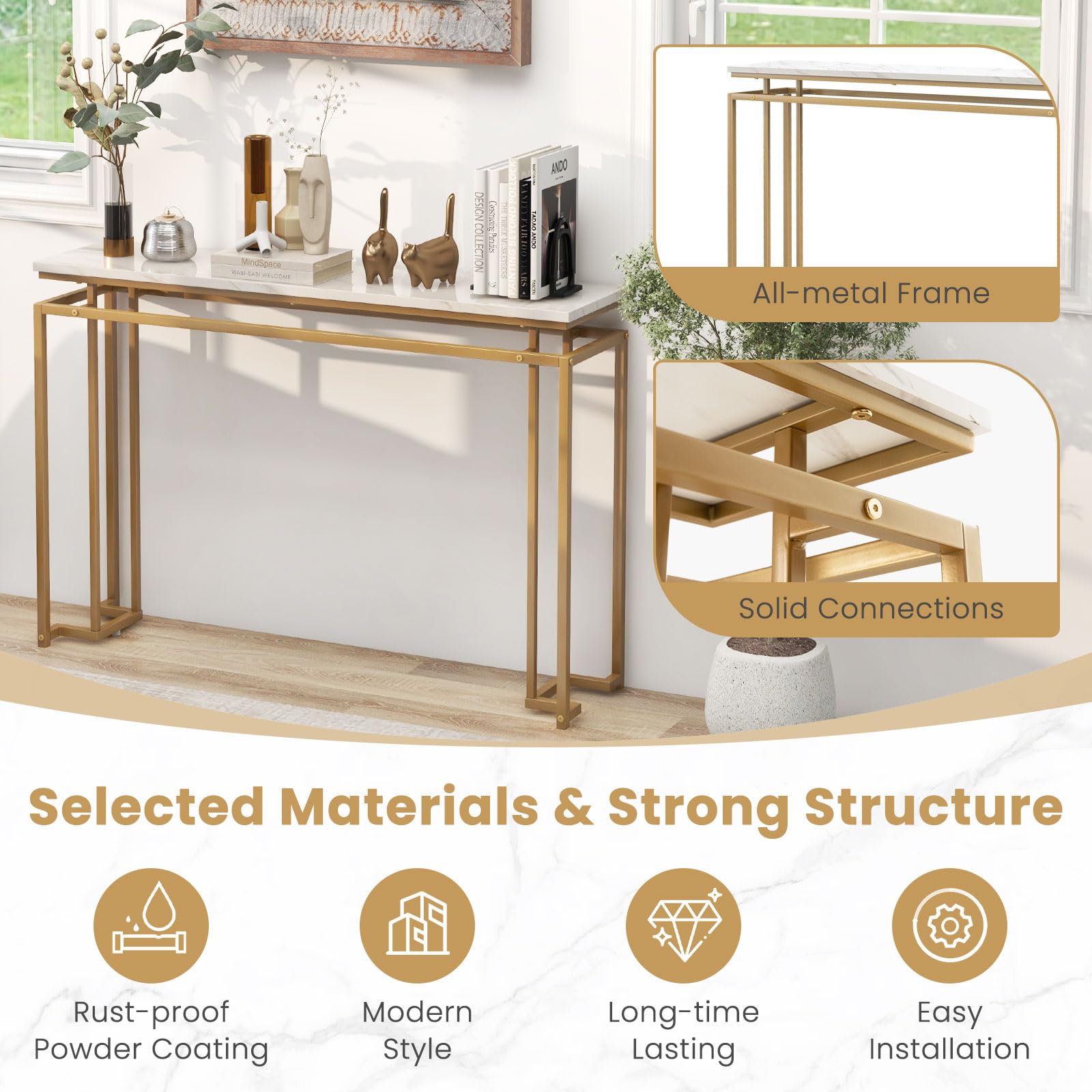 Giantex 47" Entryway Console Table - Modern Hallway Table w/Gold Metal Frame & Anti-toppling Kit