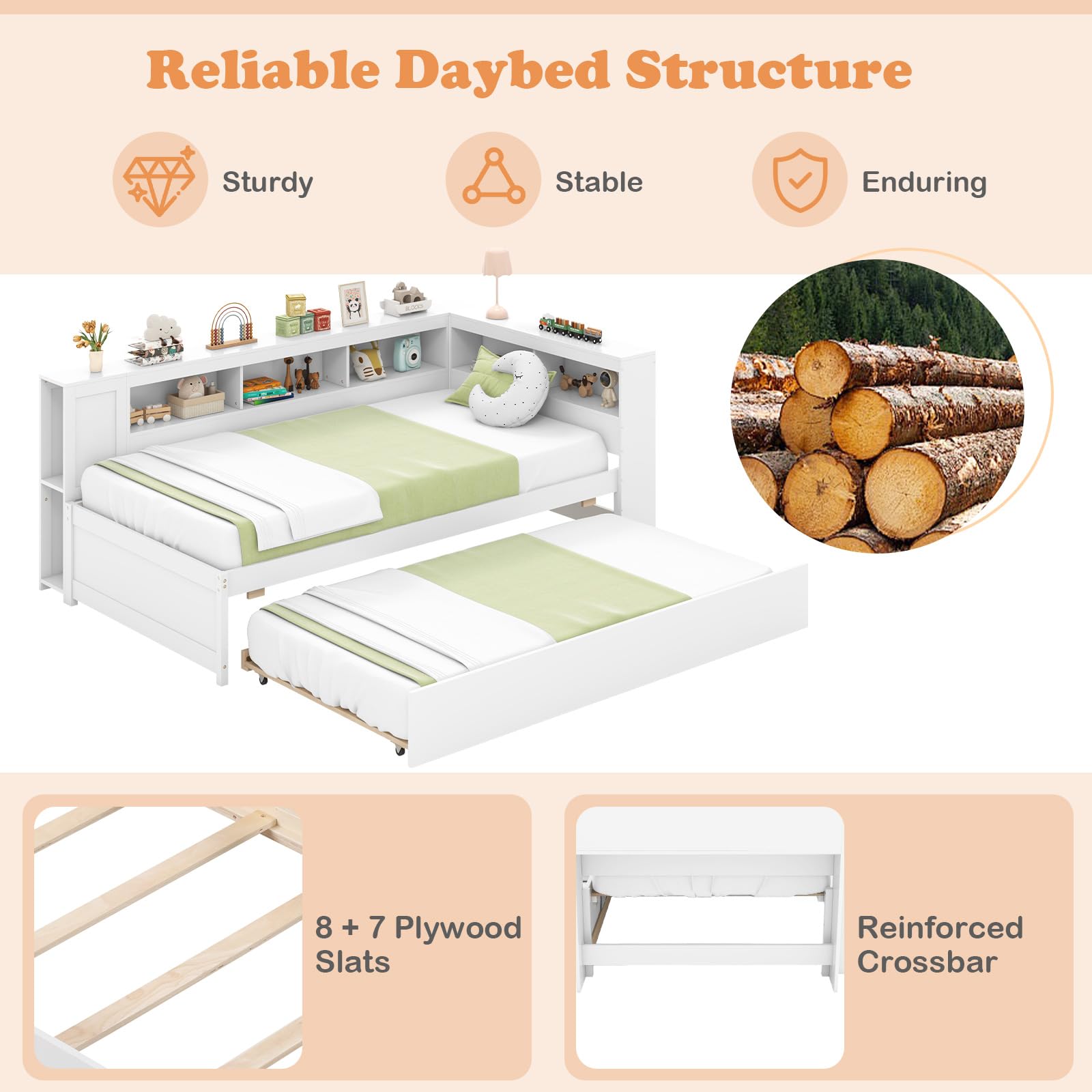 Giantex Twin Daybed with Trundle, Wood Twin Bed Frames with Storage Headboard, Reversible Bookcase