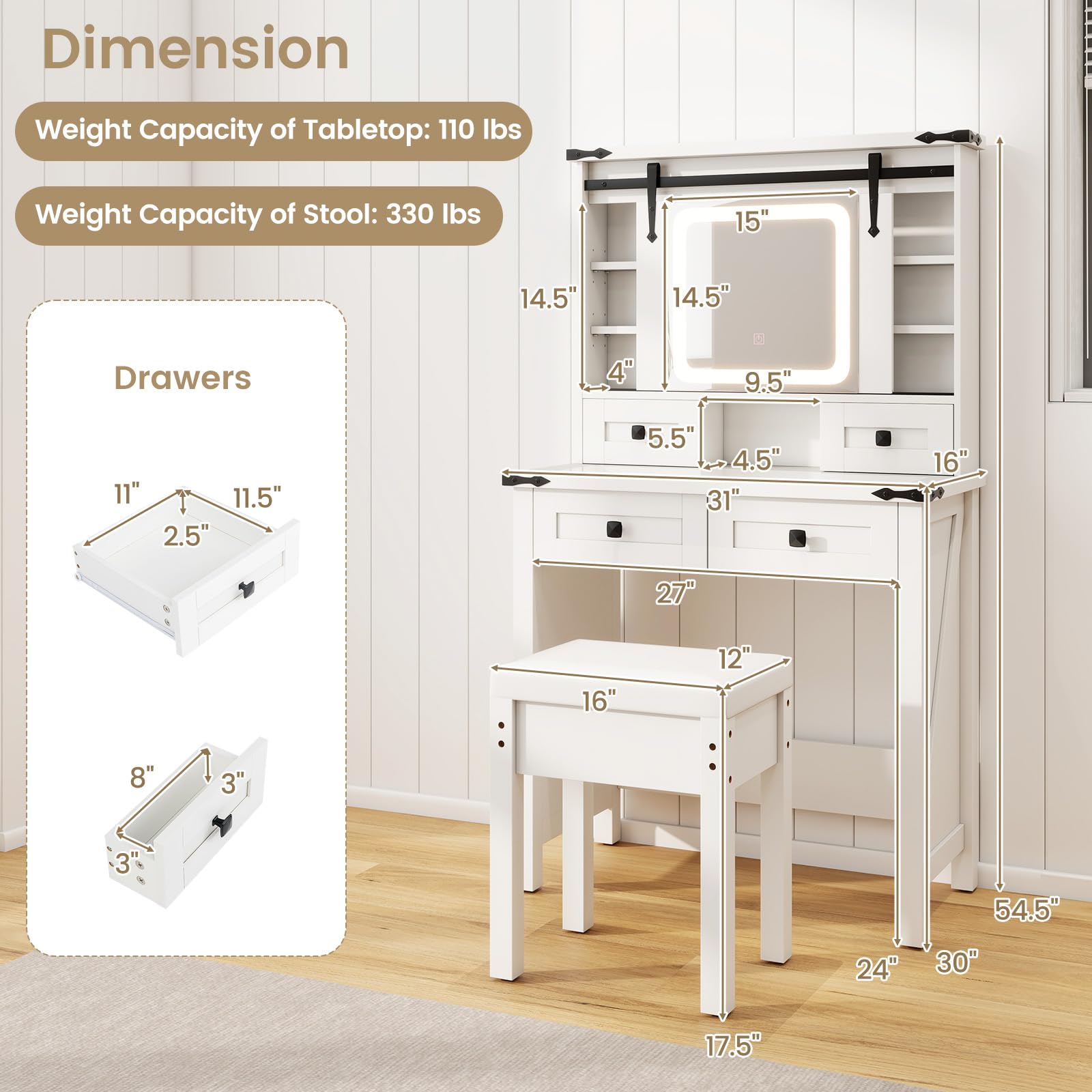 CHARMAID Farmhouse Vanity Desk with Drawers & Shelves, Rustic Vanity Dressing Table with Stool (31" Wide,White)