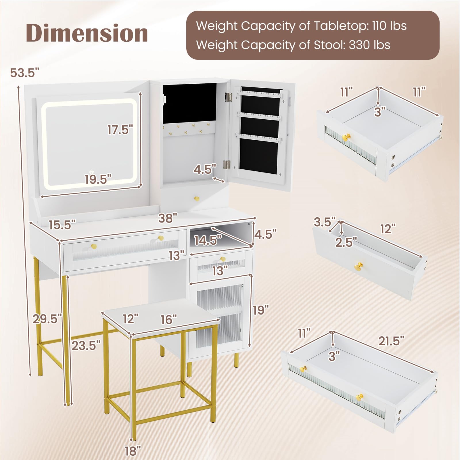 CHARMAID Vanity Desk with Mirror and Lights, White Makeup Vanity Desk with Jewelry Storage