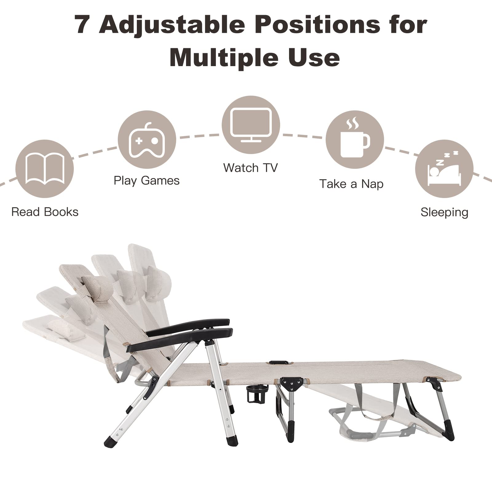 Patio Chaise Lounge Chair 7 Adjustable Position Folding Camping Cot