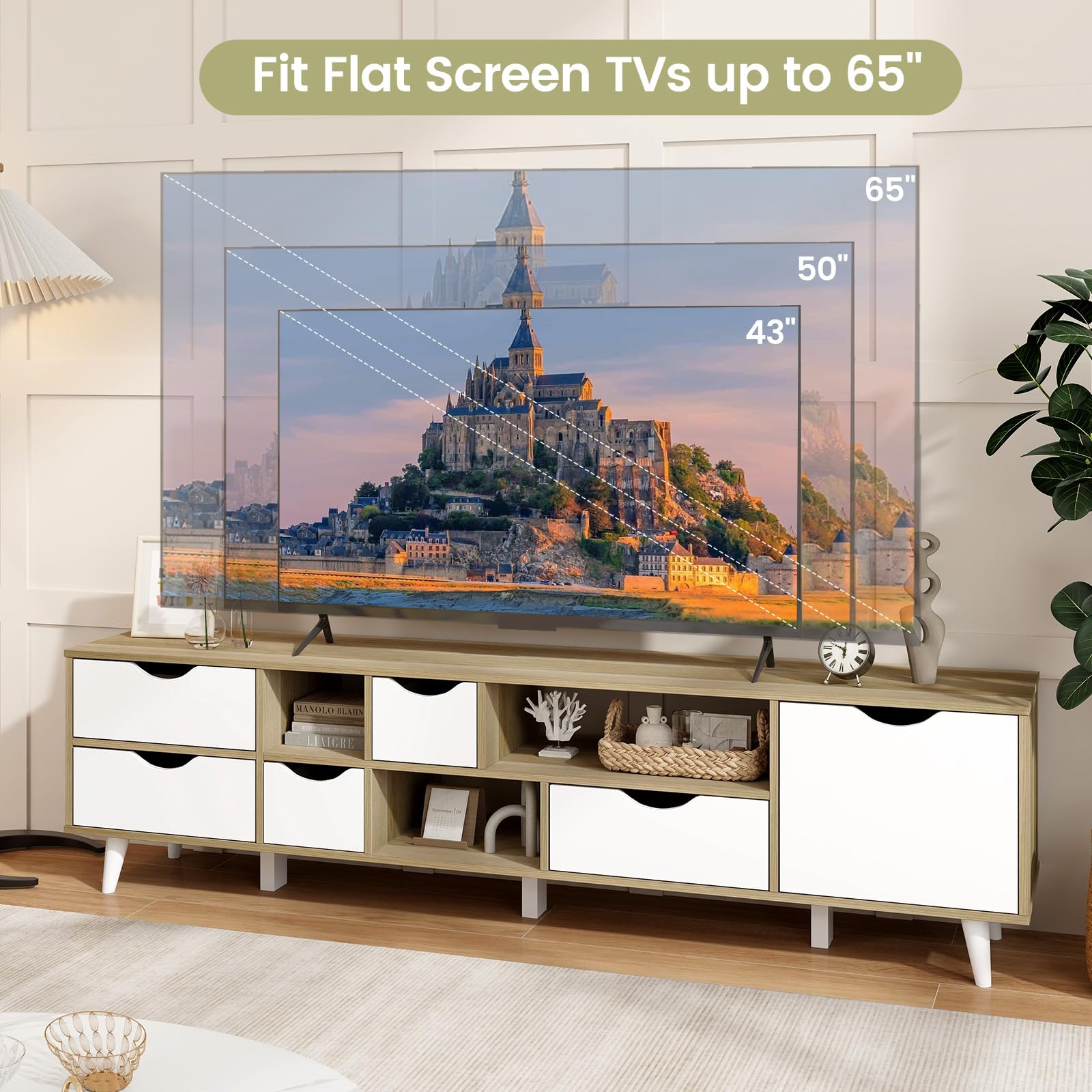 Giantex TV Stand for TVs up to 65”, Entertainment Center with 5 Drawers, 1 Cabinet, Television Stands for Bedroom, Oak