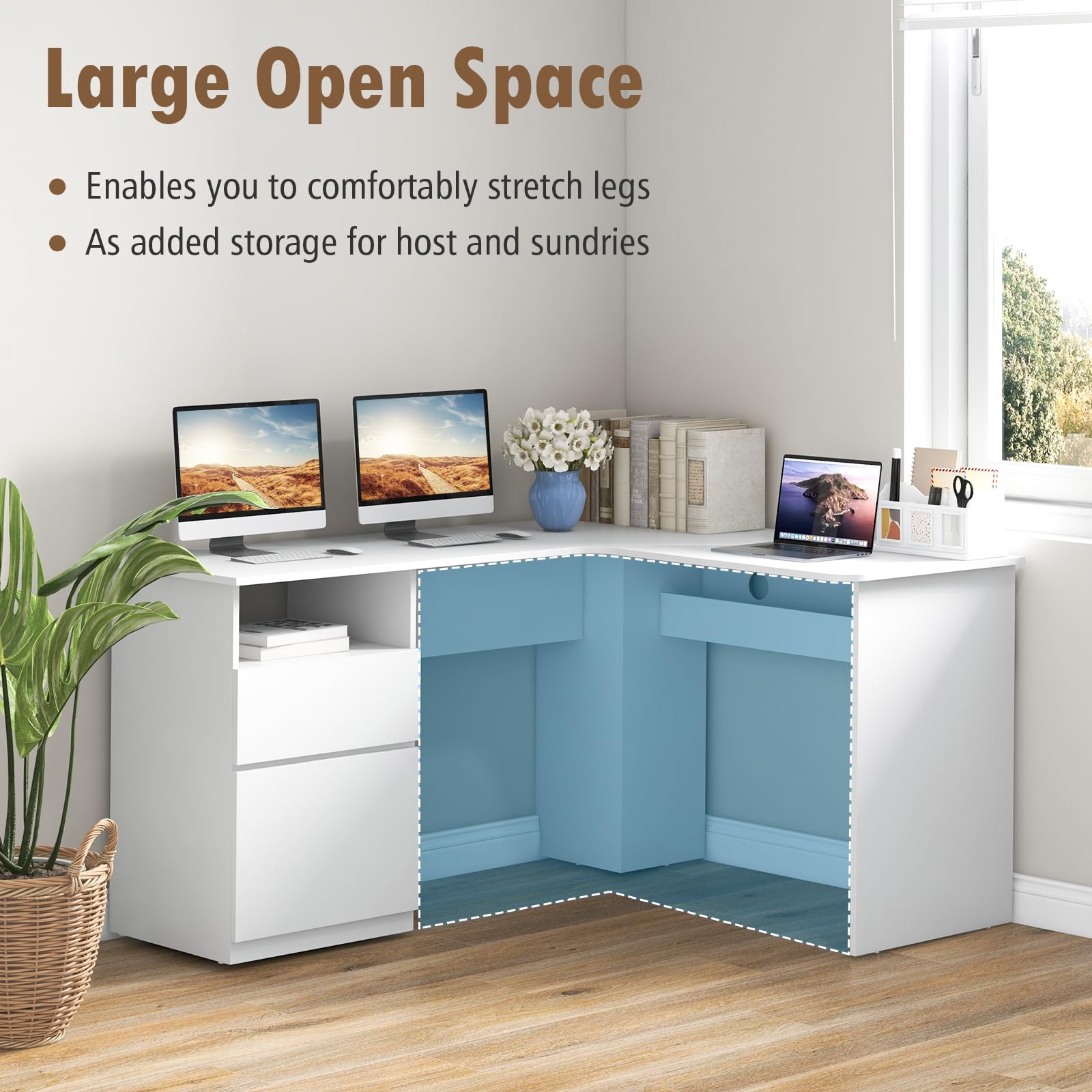 Giantex L Shaped Computer Desk with Drawers, 59" Corner Desk Workstation with Storage Shelf & Cable Holes