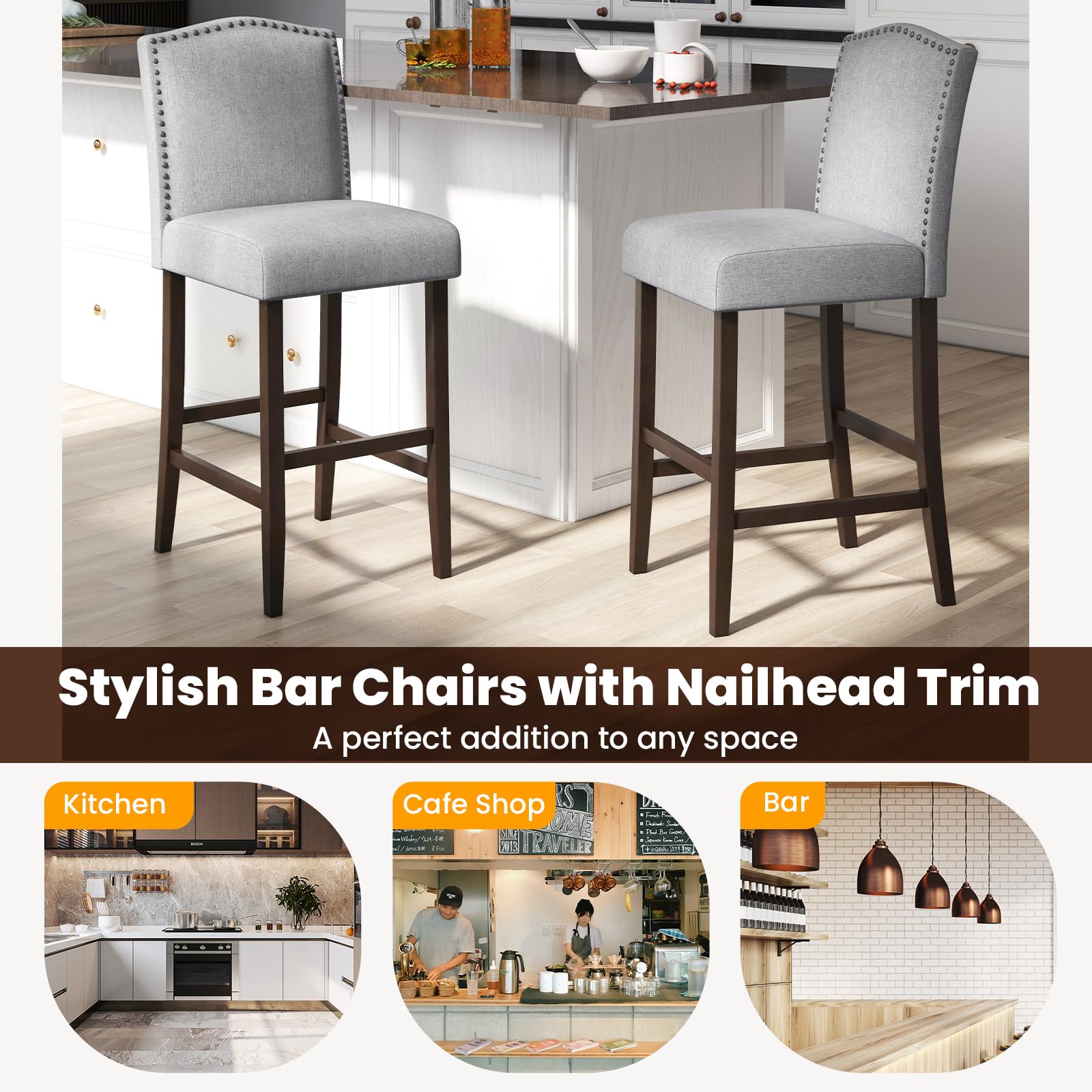 Giantex 30" Bar Stools Set of 2/4, Upholstered Bar Height Bar Chairs with Back & Rubber Wood Legs