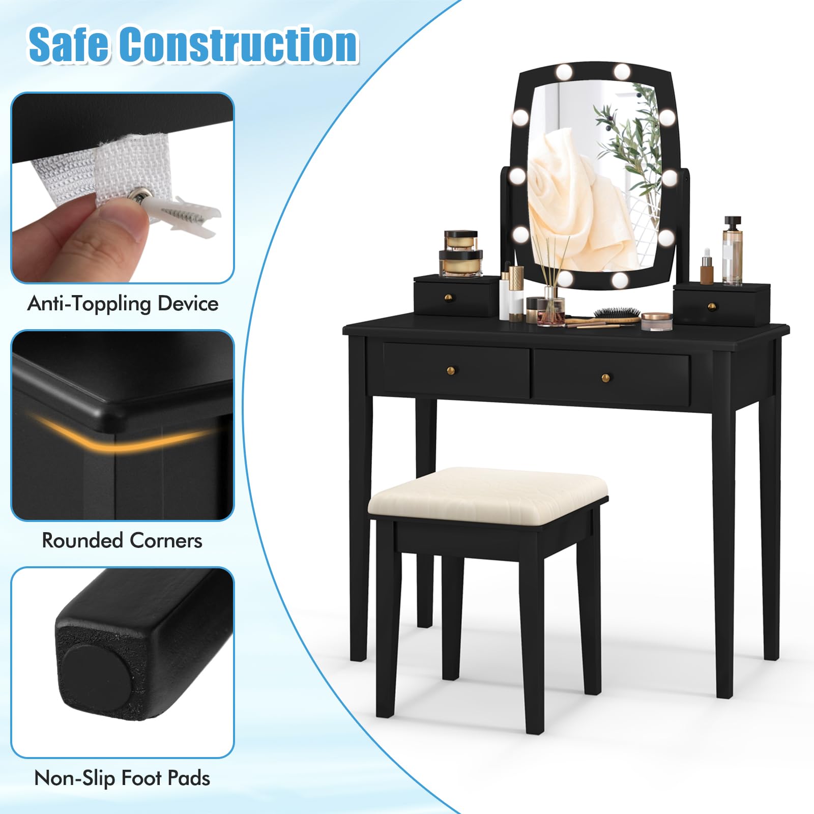 CHARMAID Vanity Desk with Mirror and Lights, Makeup Vanity Table with Swivel Mirror, Girls Bedroom Makeup Dressing Table with Stool