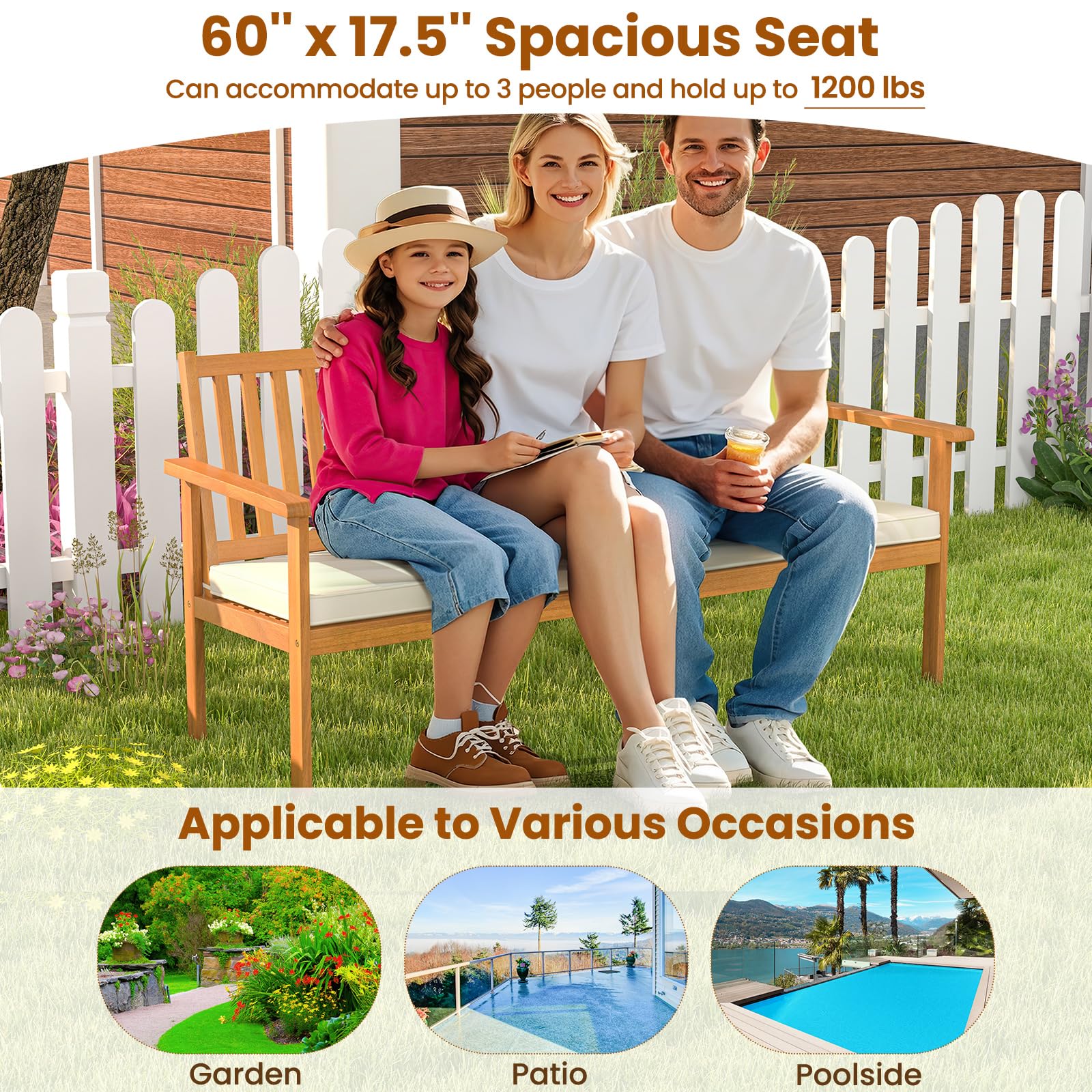 Giantex Acacia Wood Outdoor Bench, 3-Seat Patio Bench with Removable Seat Cushion