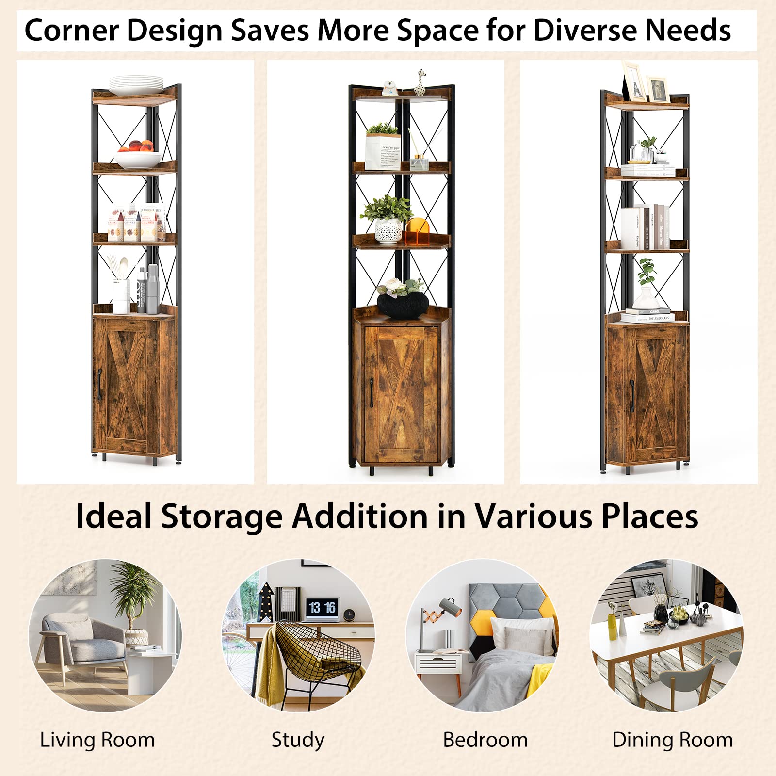 Giantex 4-Tier Corner Shelf with Cabinet - 71" Tall Free Standing Storage Shelves Rack Plant Stand