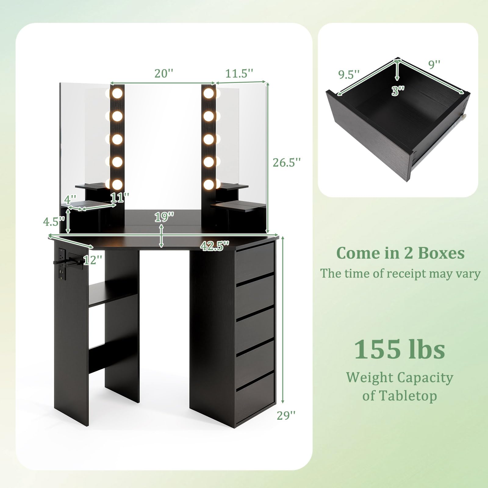 CHARMAID Corner Vanity Desk with Mirror and Lights