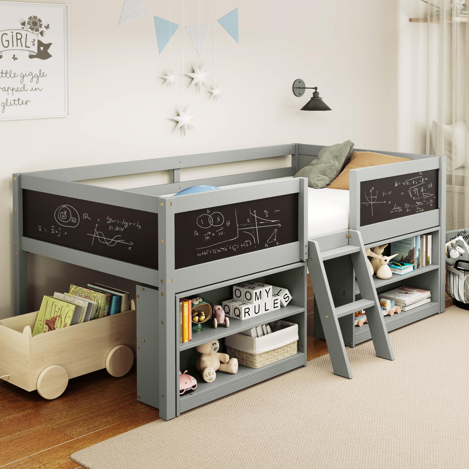 Giantex Low Loft Bed Twin Size, Wooden Loft Bed with Ladder & Blackboard