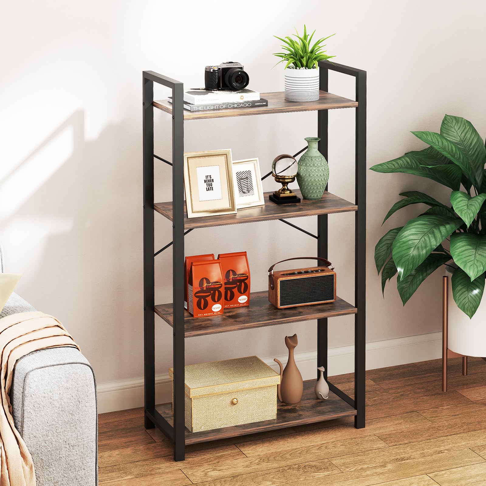 Giantex 4-Tier Bookshelf, Industrial Bookcase with Open Shelves, Metal Frame, 2 Anti-Toppling Kits