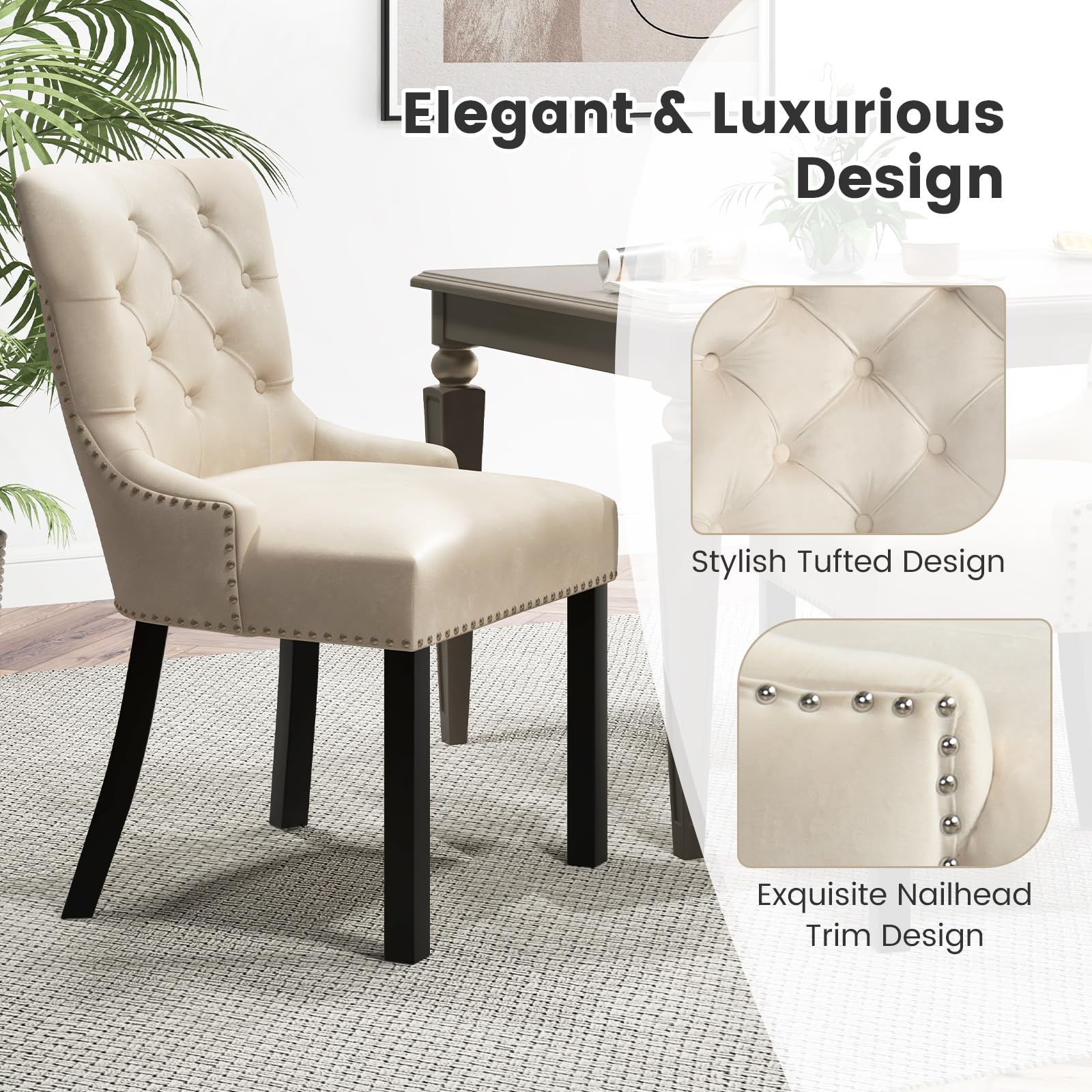 Gianex Upholstered Dining Chairs Set, Wood Wingback Accent Chairs w/Rubber Wood Legs & Nailhead Button Tufted Back