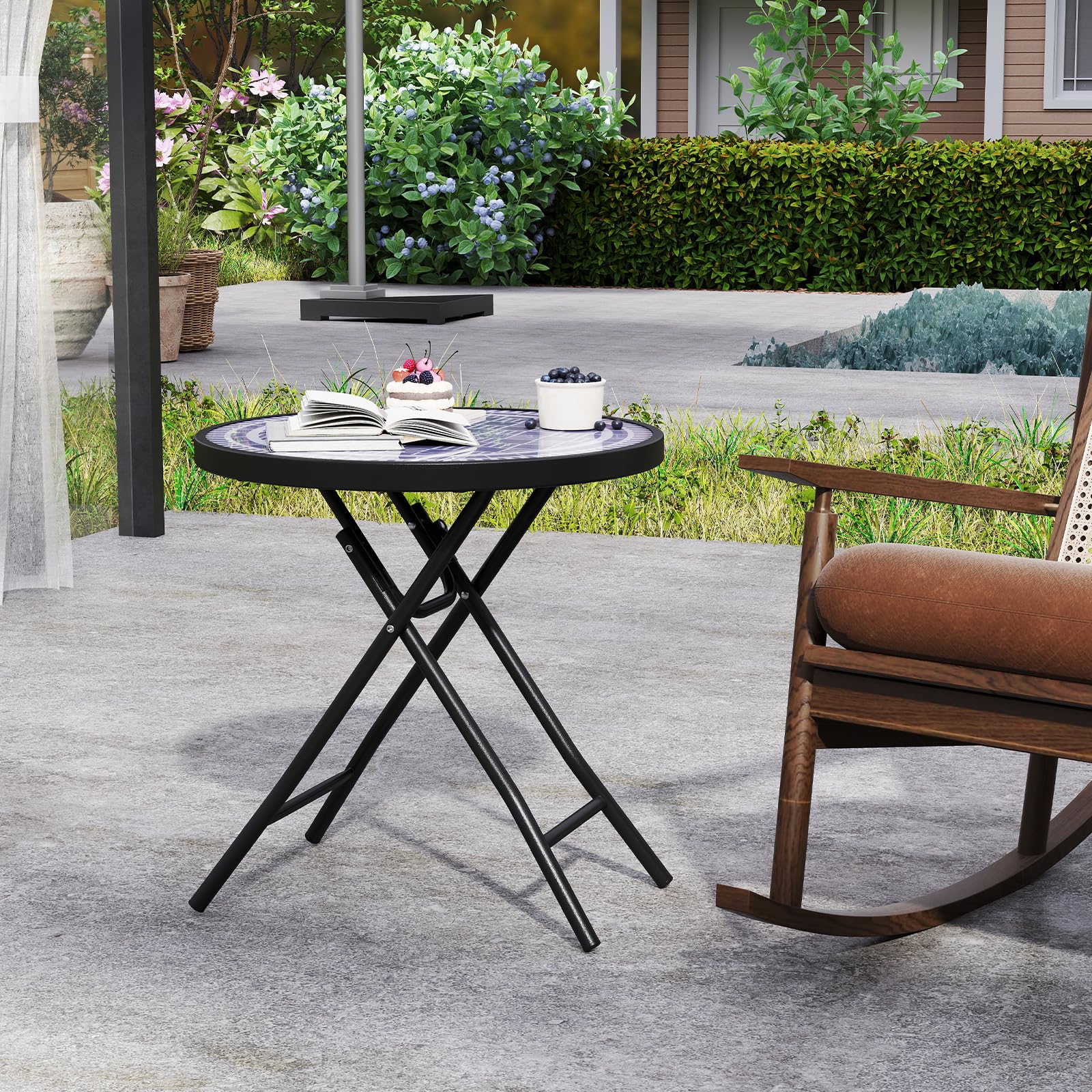 Giantex Folding Outdoor Side Table - 18” Round End Table with Tempered Glass Tabletop & Metal Frame