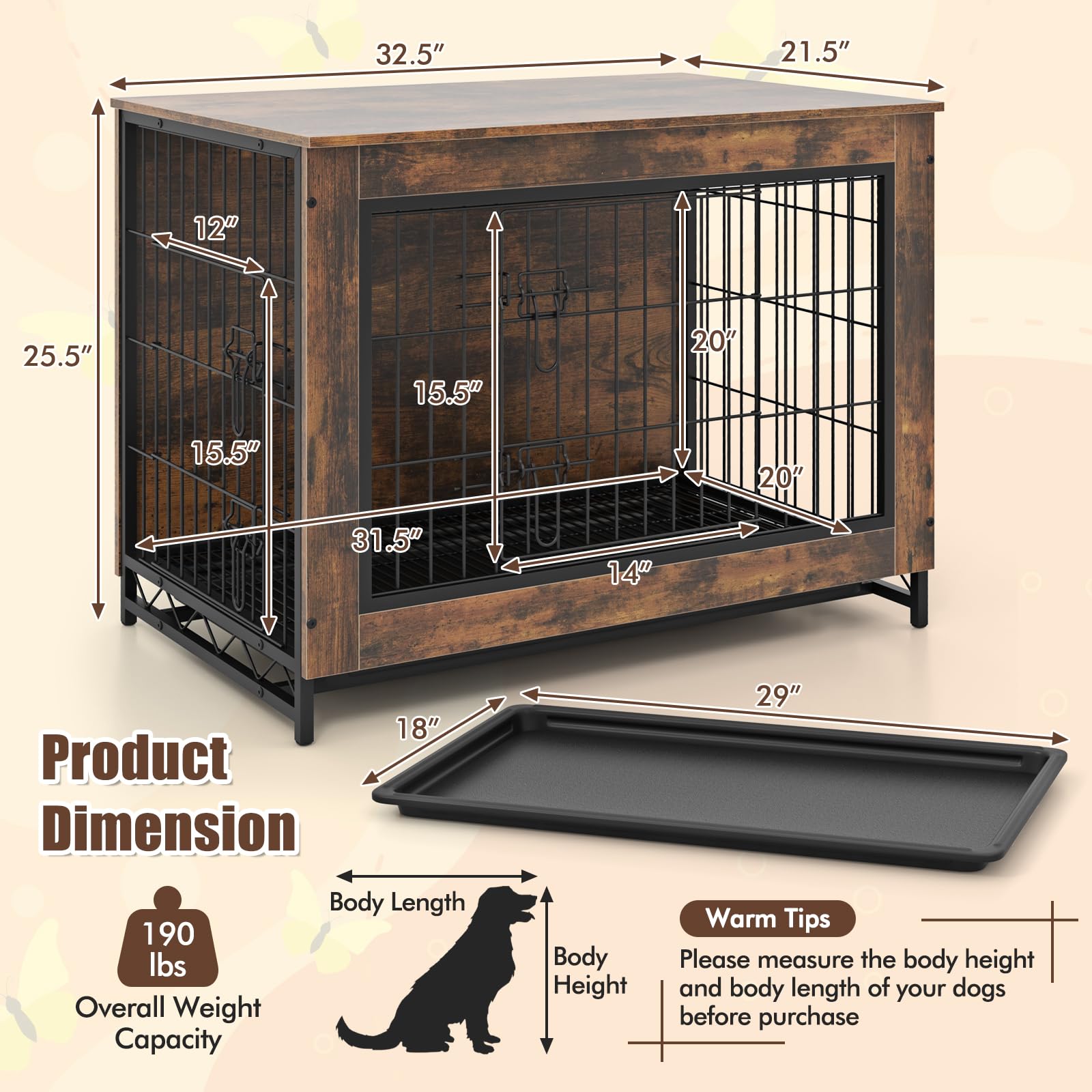 Giantex Dog Crate Furniture - Dog Kennel Side Table with Double Doors & Removable Pull-Out Tray