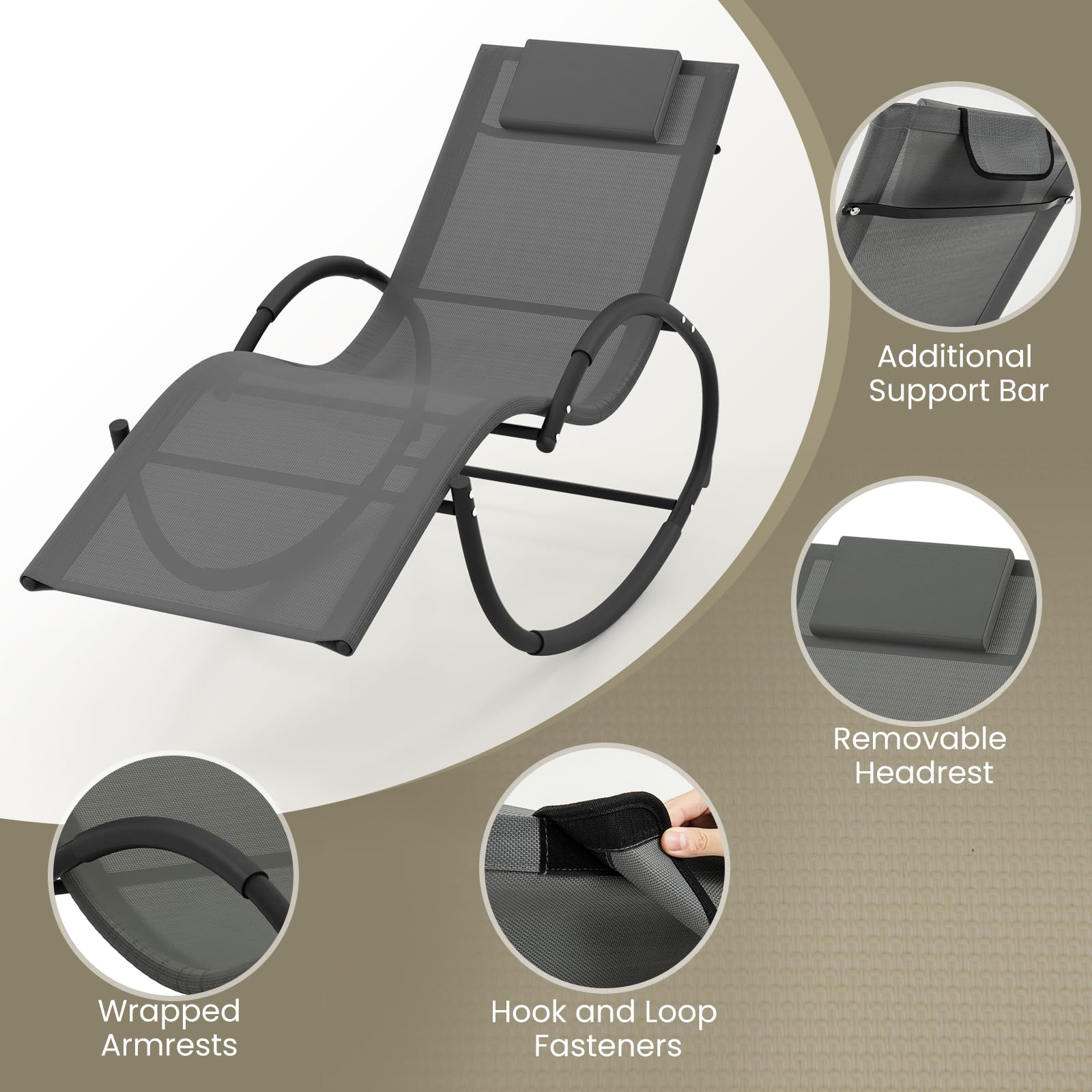 Giantex Outdoor Rocking Lounge Chair, Zero Gravity Rocking Chair with Removable Headrest, Breathable Backrest & Seat