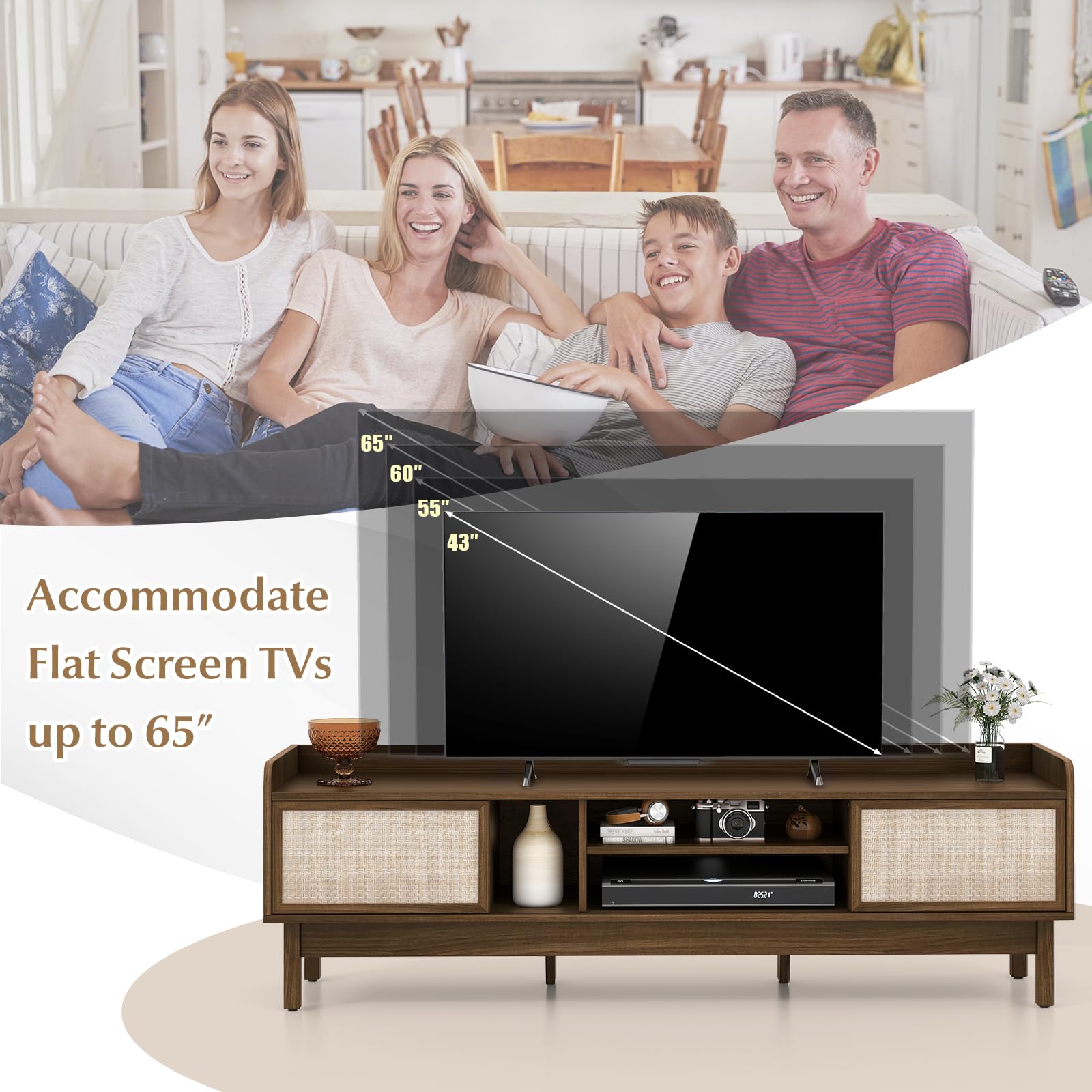 Giantex TV Stand for 65” TV, Entertainment Center with Woven Doors, Sliding Door, Adjustable Shelf & Compartment