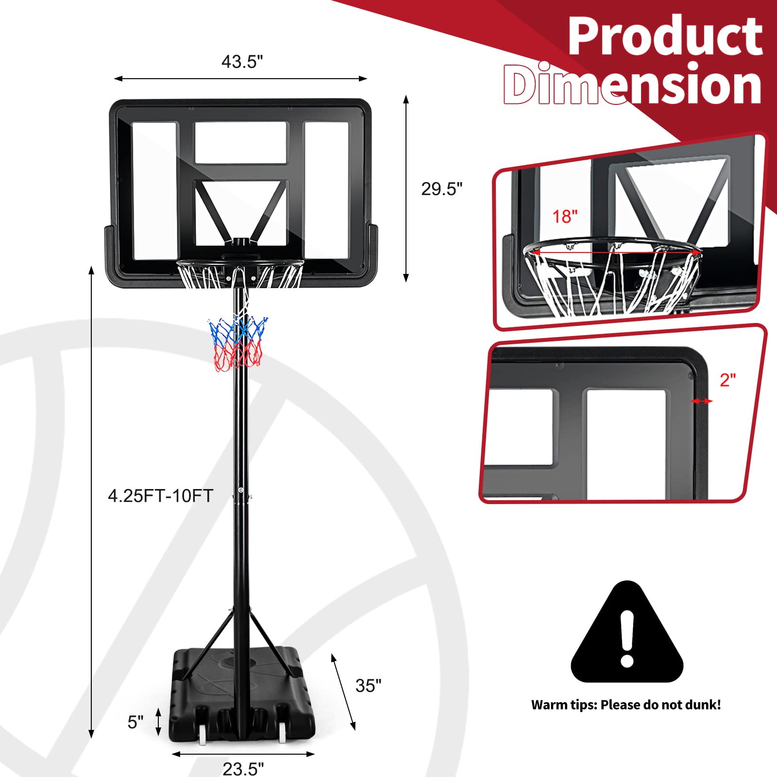 Giantex Portable Basketball Hoop Outdoor, 4.25-10ft Height Adjustable Basketball Goal System w/ 43.5" Shatterproof Backboard