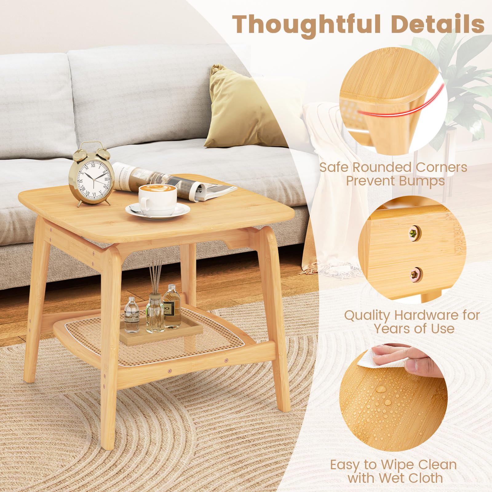 Giantex Rattan Side Table, Boho End Table with Storage Shelf, 2-Tier Bedside Table for Small Spaces