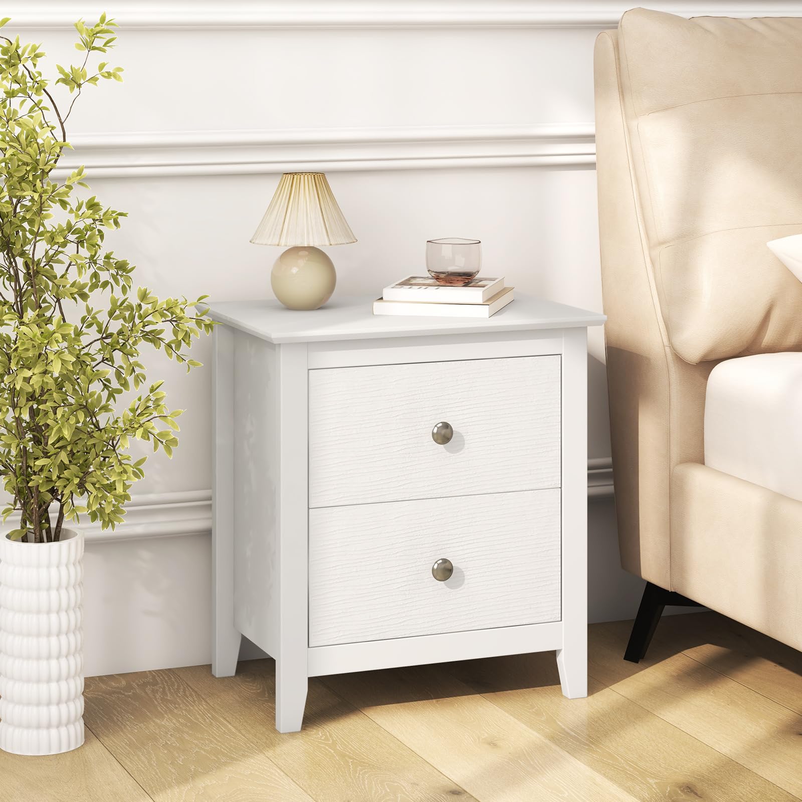 Giantex White Nightstand, Modern 2 Drawers Night Stand with Handles, Sofa Side Table with Sturdy Legs for Small Spaces