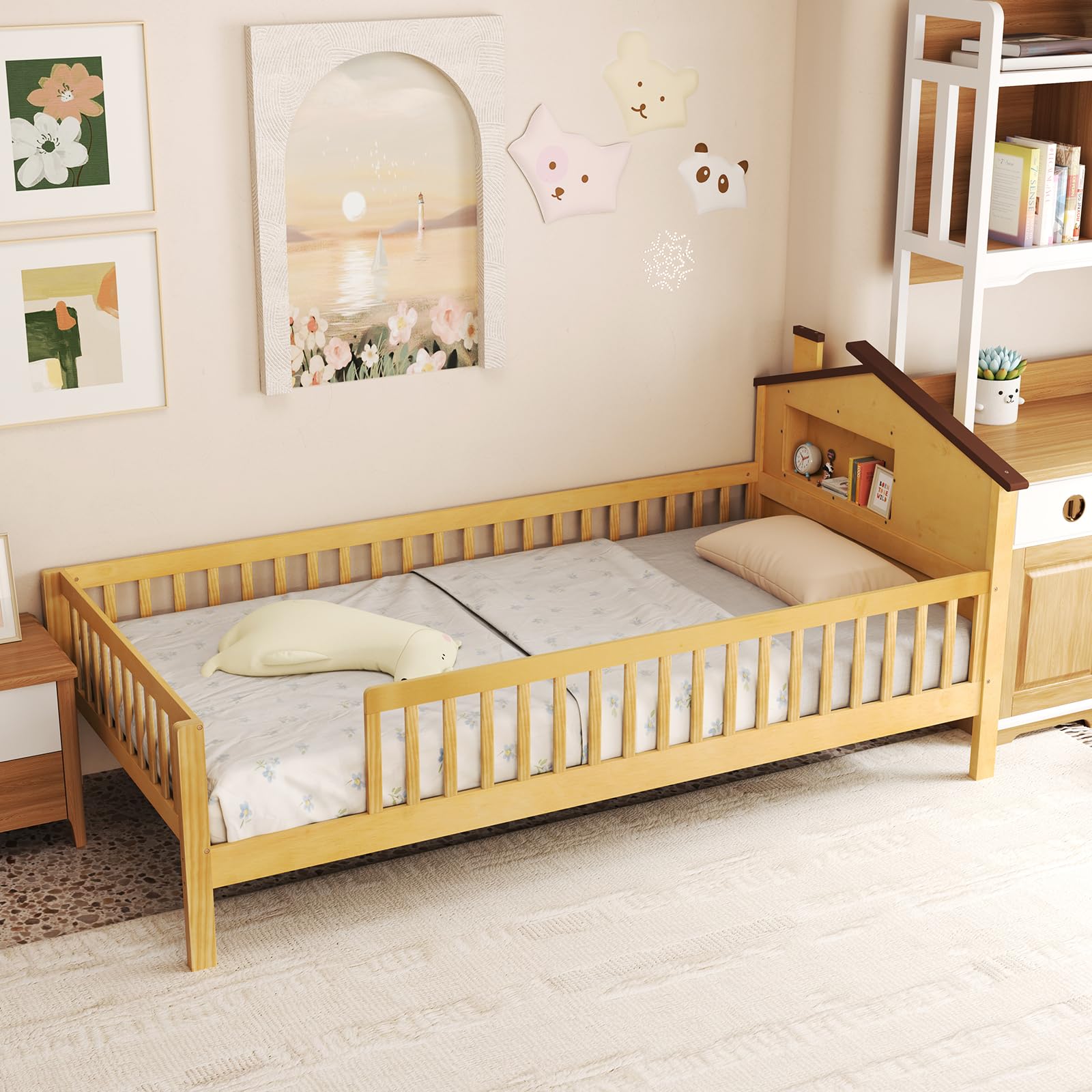 Giantex Twin Bed Frames for Kids, Solid Wood Montessori Bed with House-Shaped Headboard & Built-in Storage Shelf