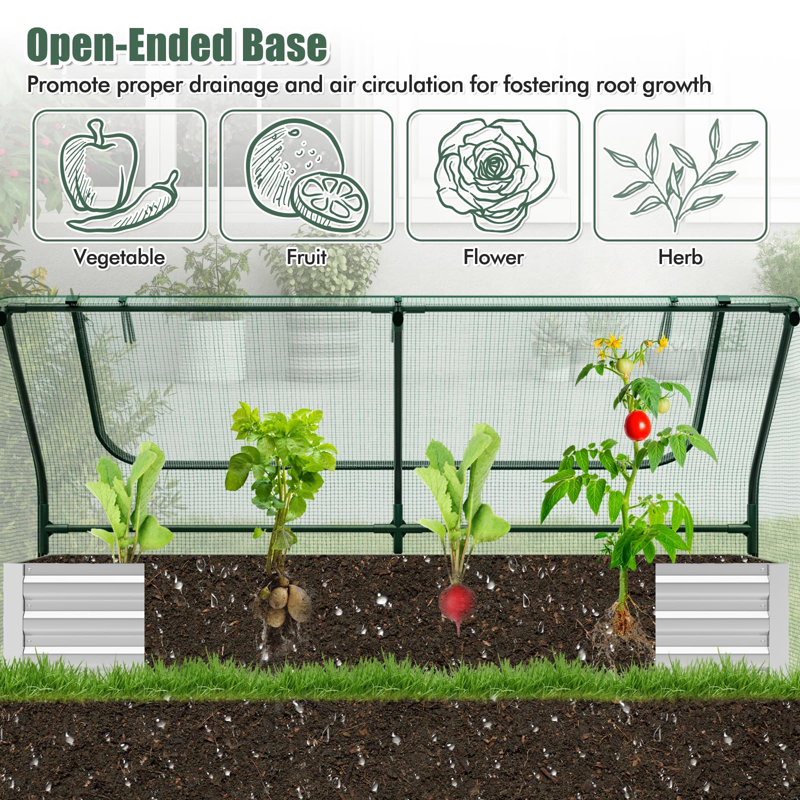 Giantex Galvanized Steel Raised Garden Bed with Mini Greenhouse, Outdoor Metal Planter Box Kit with Large Roll-up Cover