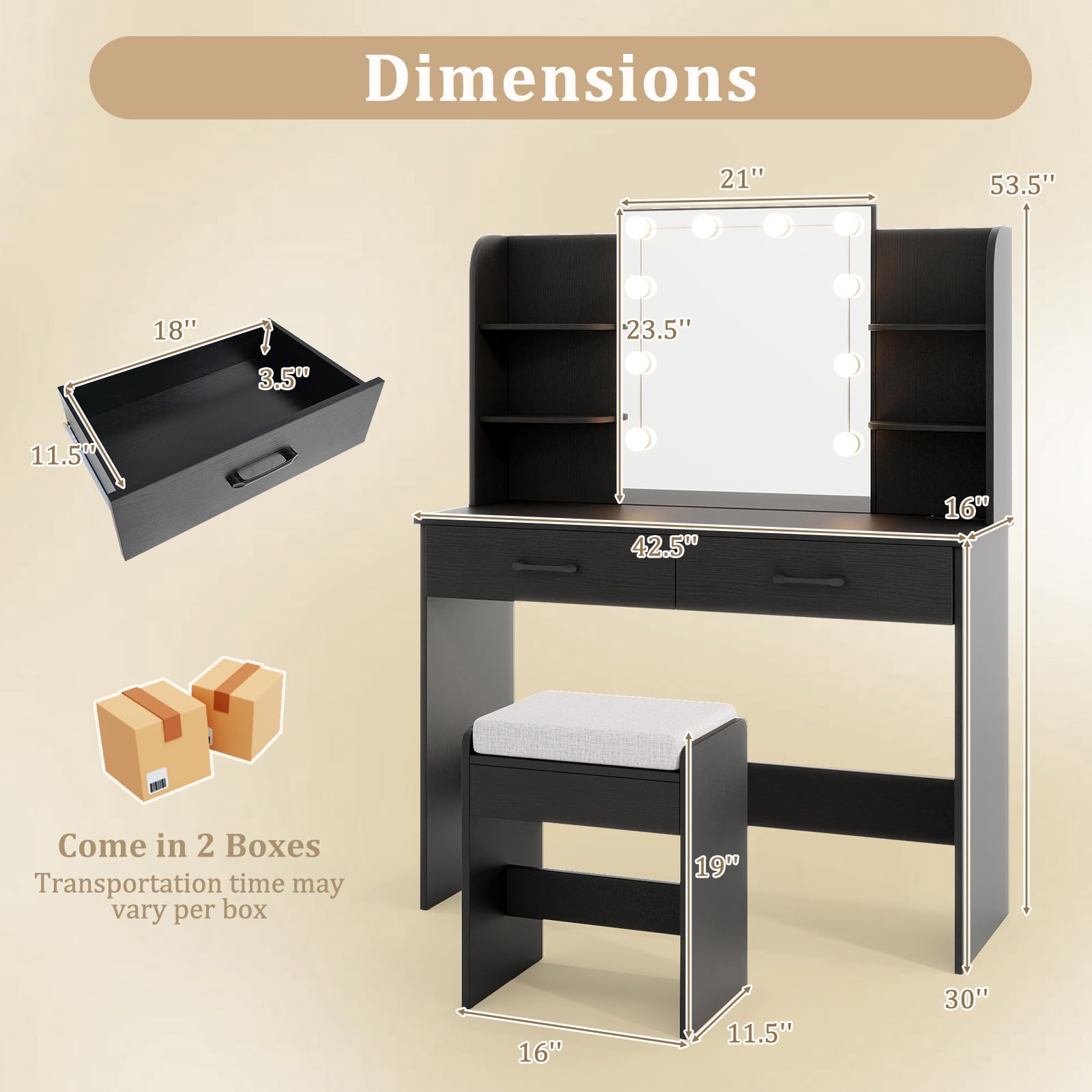 CHARMAID Vanity Desk with Mirror and Lights, Black Makeup Vanity Table with Large Drawers, Storage Shelve