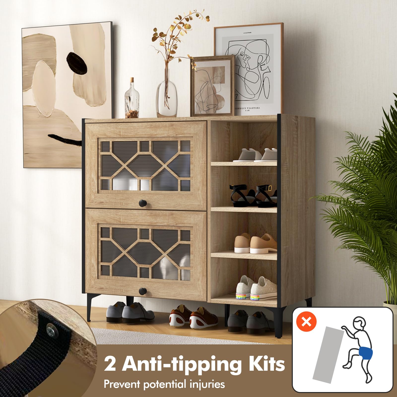 Giantex Shoe Cabinet with Flip & Slide Doors, Shoe Storage Cabinet with Adjustable Cube Shelves(Decorative Doors)