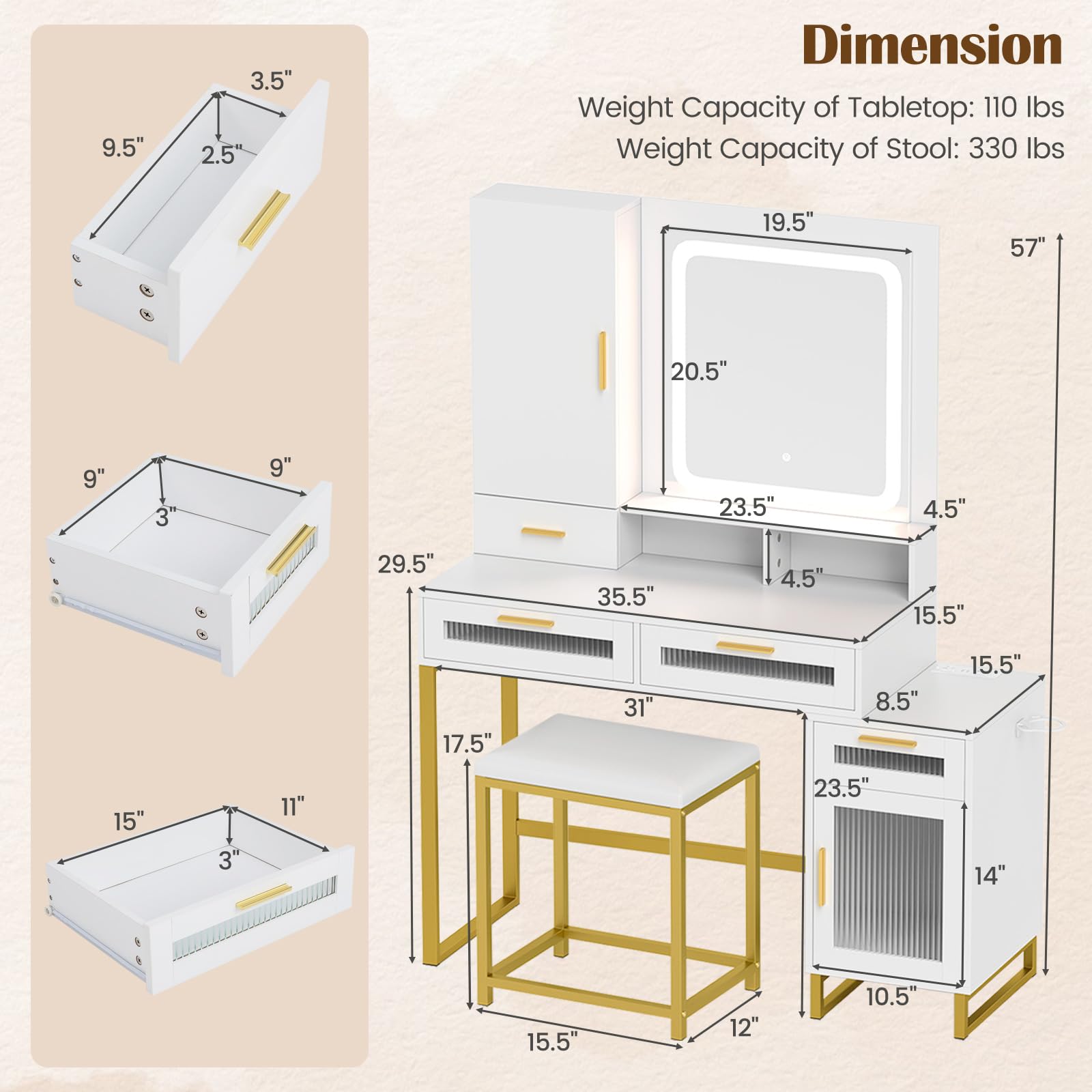 CHARMAID Vanity Desk with Mirror and Lights, White Makeup Vanity Desk with Jewelry Organizer