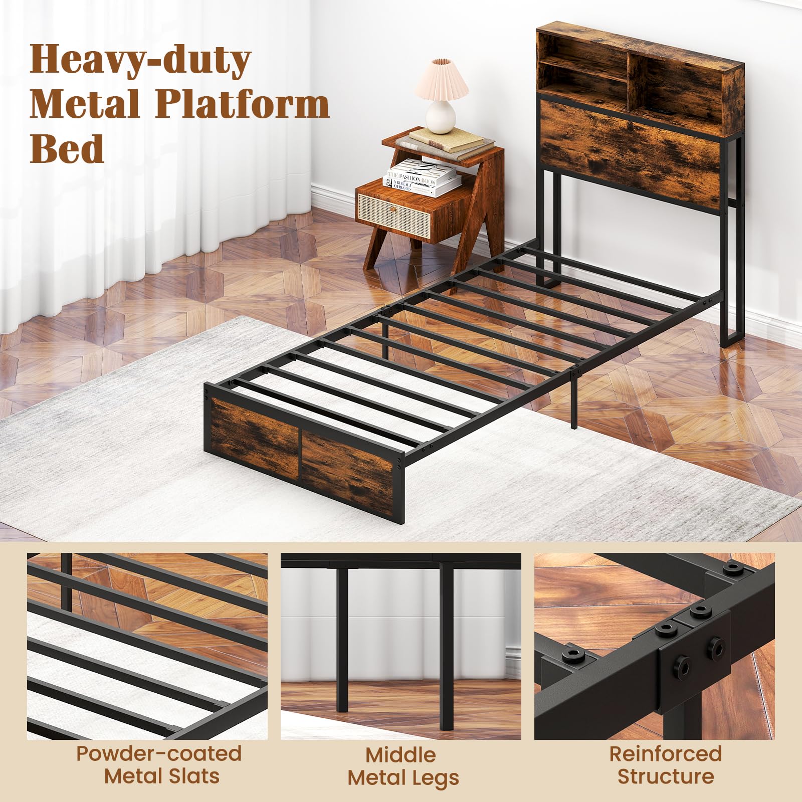 Giantex Bed Frame with Storage Headboard and Charging Station, Industrial Metal Platform Bed