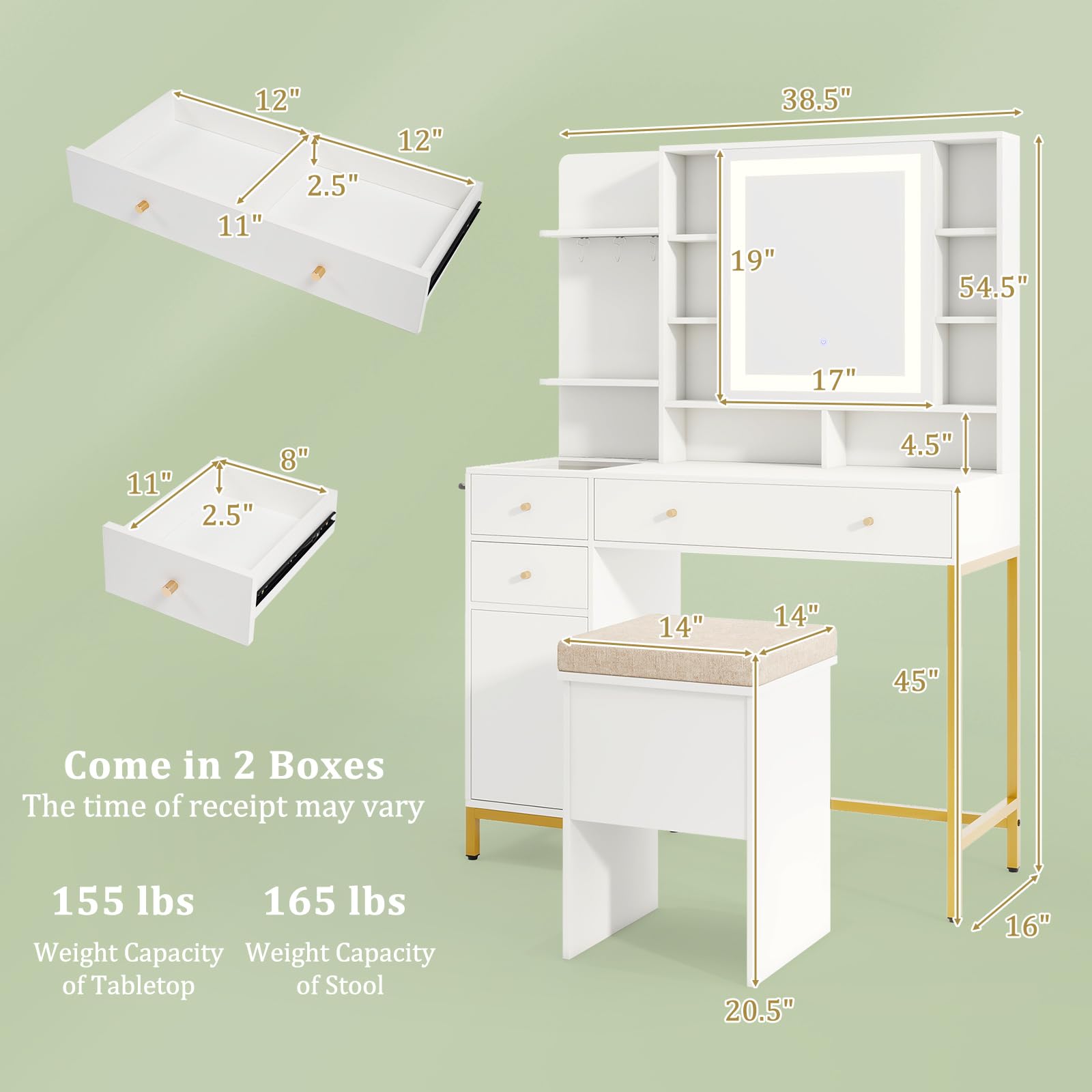 CHARMAID Vanity Desk with Mirror and Lights, White Makeup Vanity Table with Transparent Glass Tabletop