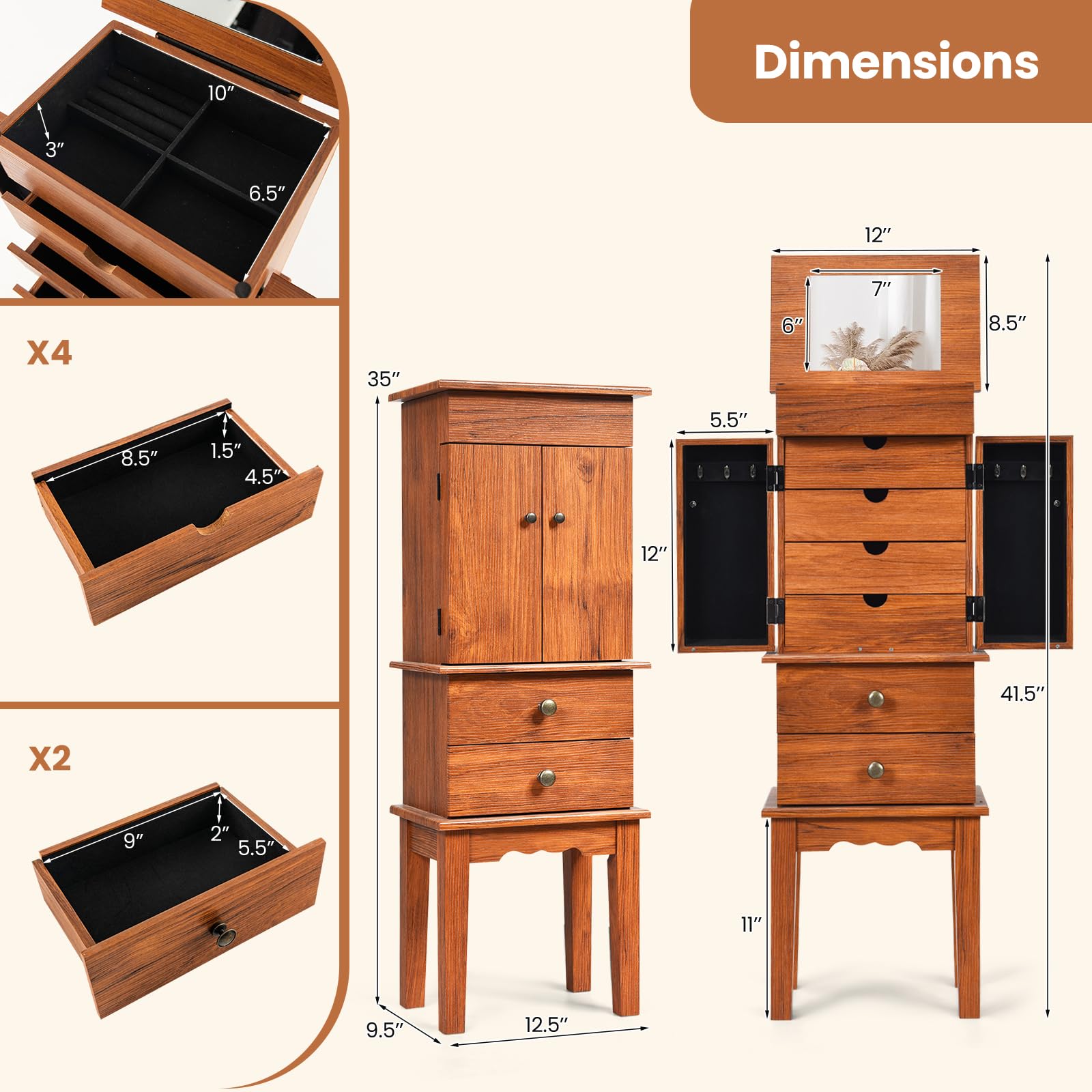 CHARMAID Jewelry Cabinet with 6 Drawers, Standing Jewelry Armoire with Flip Top Mirror, 2 Side Doors with 6 Necklace Hooks