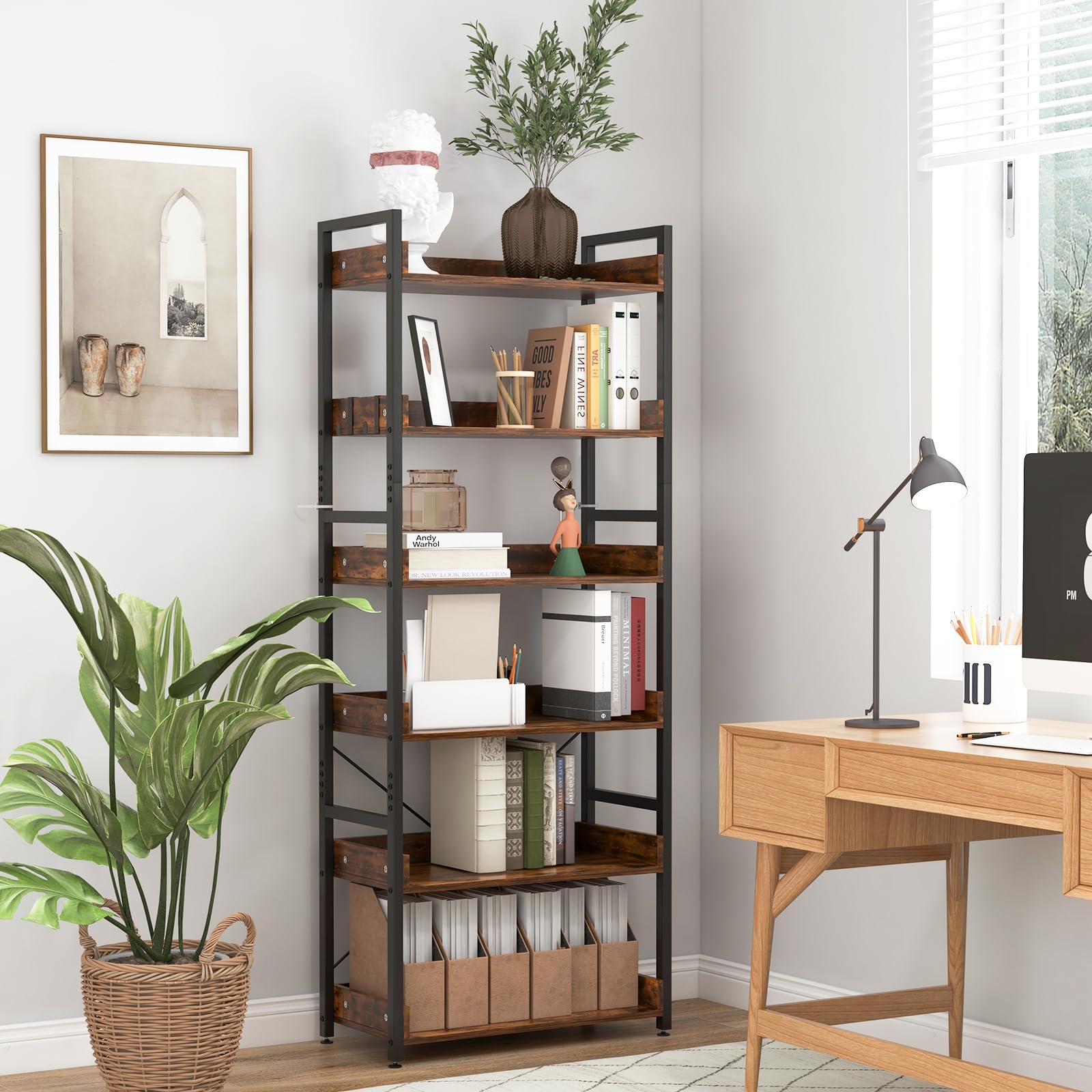 Giantex Industrial 6-Tier Bookshelf, 70" Tall Freestanding Storage Display Shelf with 4 Hooks
