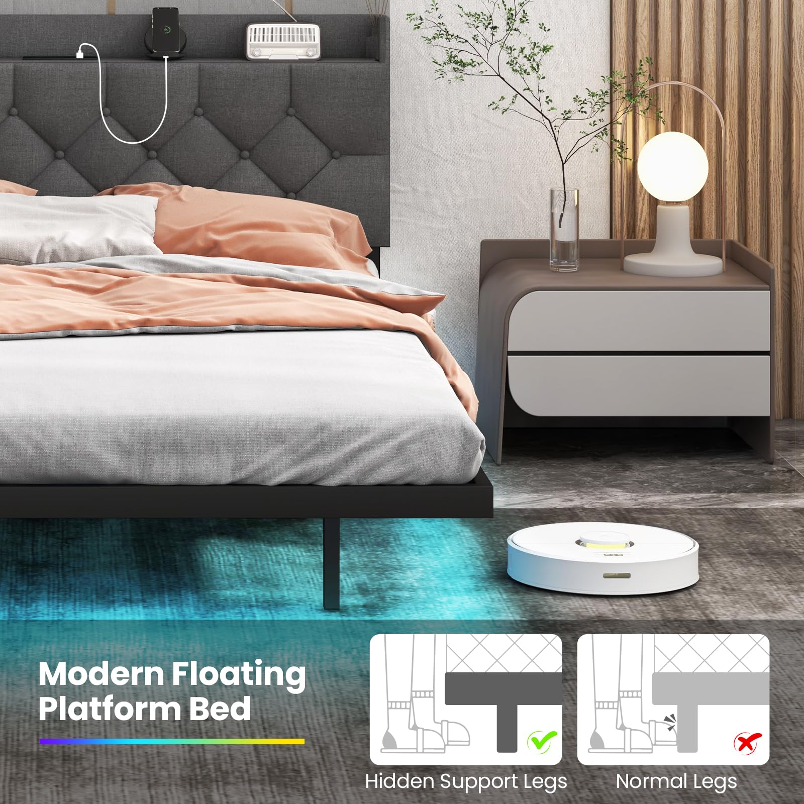 Giantex Floating Bed Frame with LED Lights, Modern Platform Bed with Adjustable Upholstered Headboard & Charging Station