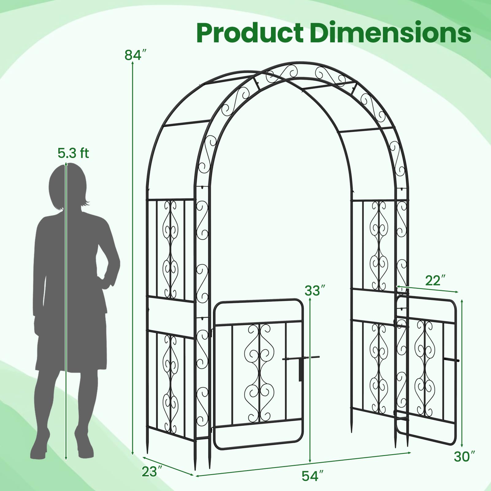 Giantex Garden Arbor with Gate, 84" H x 54" W Metal Arch Trellis for Climbing Plants Rose Vines