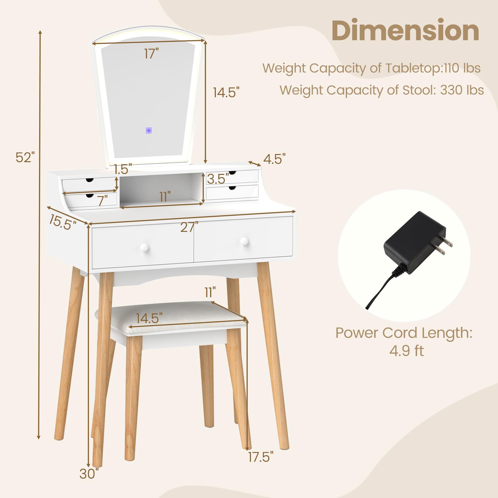 Small Vanity Desk with Mirror and Lights, White Makeup Vanity Desk with 6 Drawers