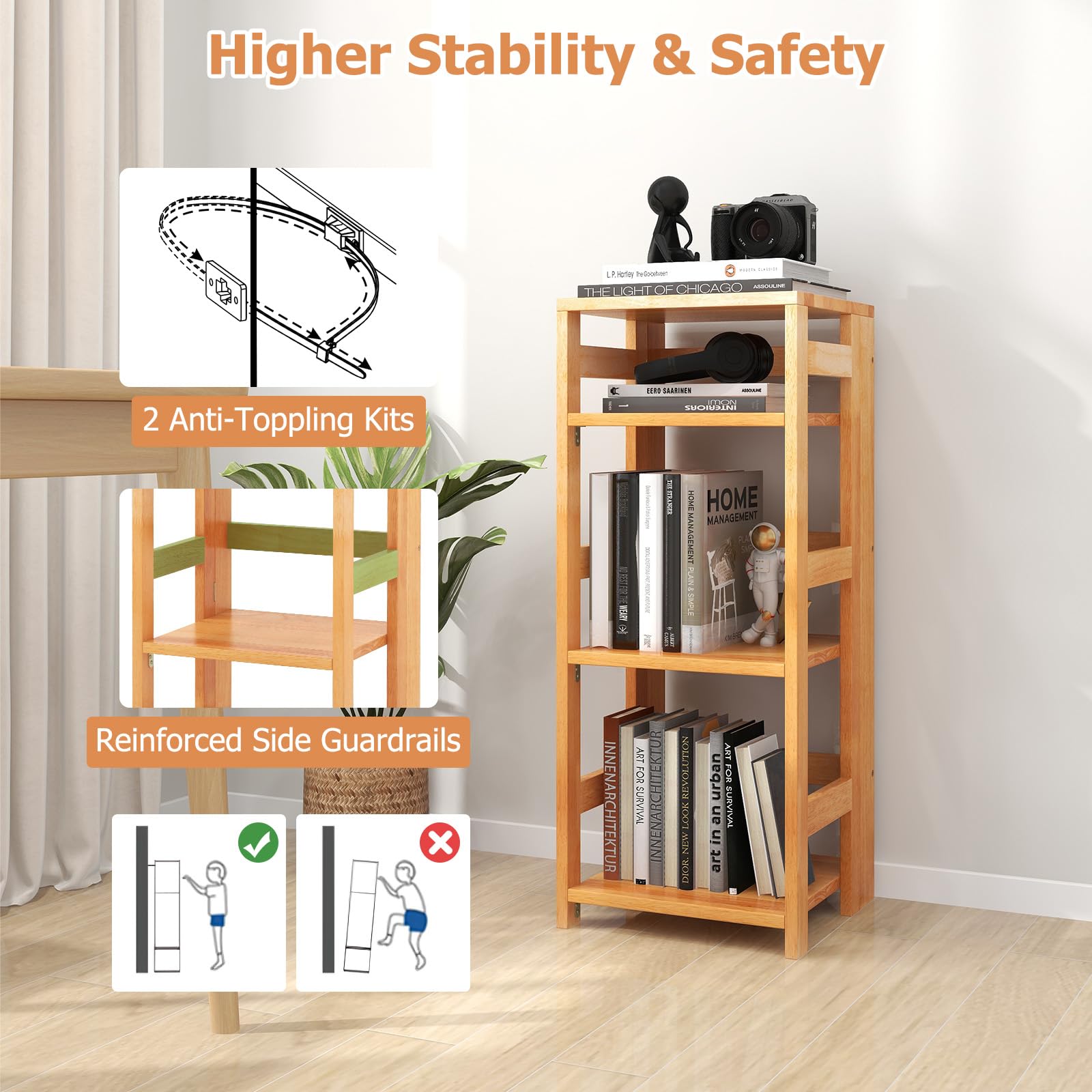 Giantex 4-Tier Bookshelf, 34.5" Floor Storage Shelf w/Rubber Wood Frame, Anti-Toppling Kits, 14" x 13" x 34.5"