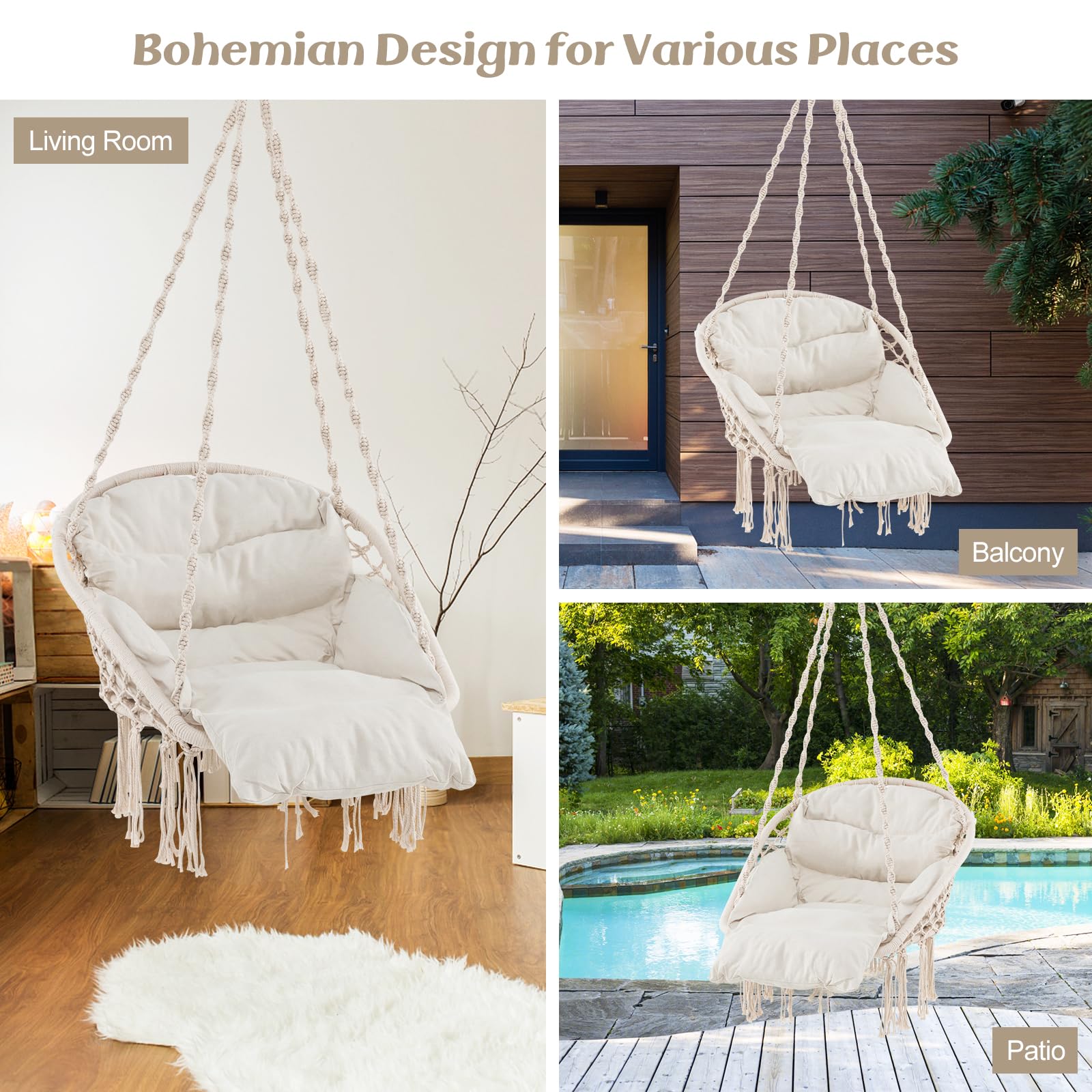 Giantex Hanging Chair Outdoor, Hammock Chair with Thick Cushion & Macrame