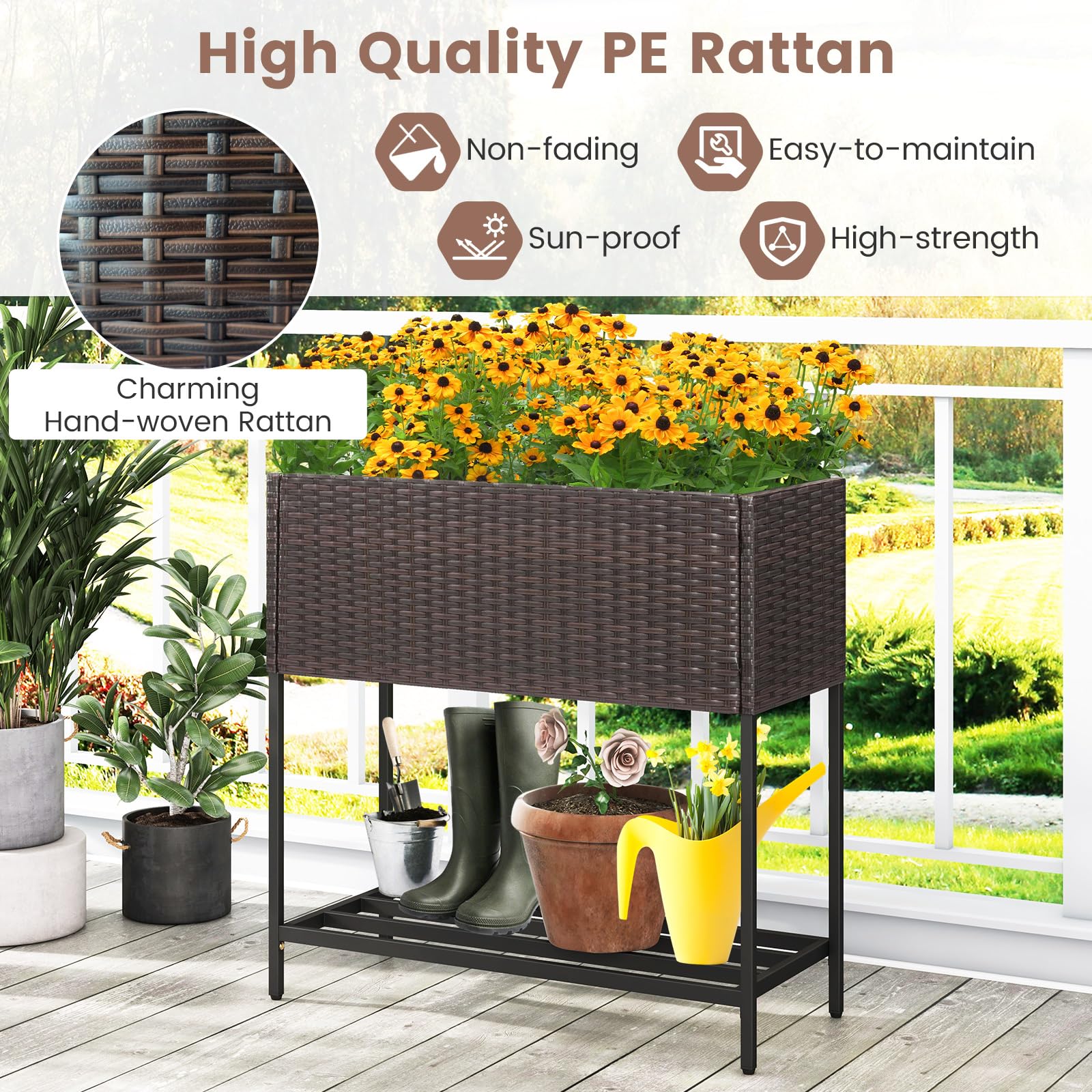 Giantex Raised Garden Bed with Legs, Rattan Elevated Planter Box w/Storage Shelf