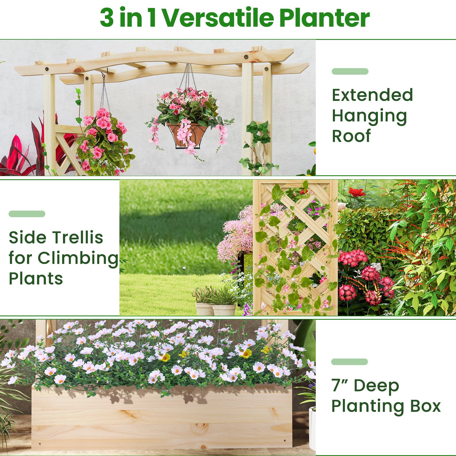 Giantex Raised Garden Bed with Sided Trellis & Hanging Roof, Wood Planter Box, 44”x14”x45” (L x W x H)