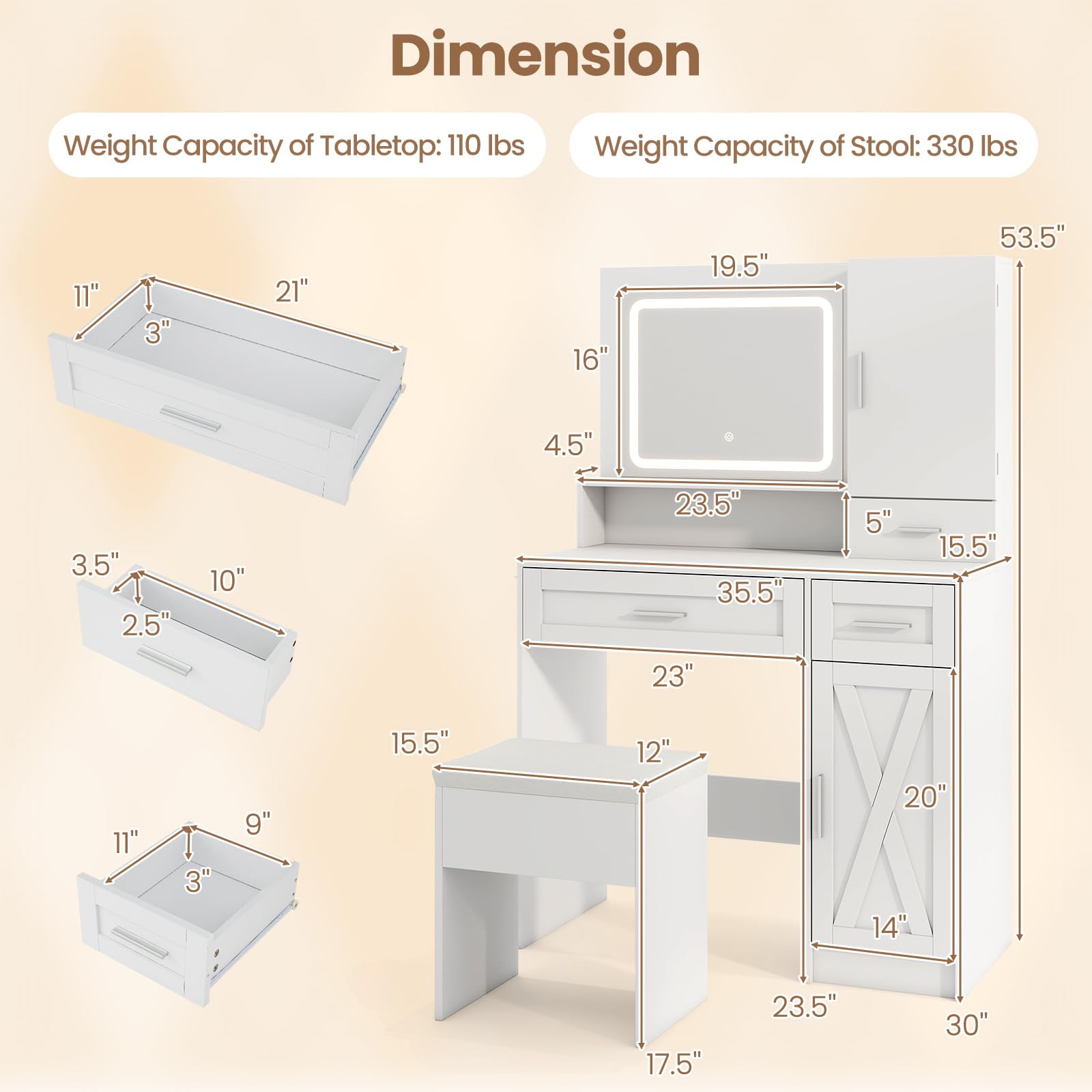 CHARMAID Vanity Desk with Mirror and Lights, Jewelry Storage Cabinet, Farmhouse White Makeup Vanity Desk with Charging Station