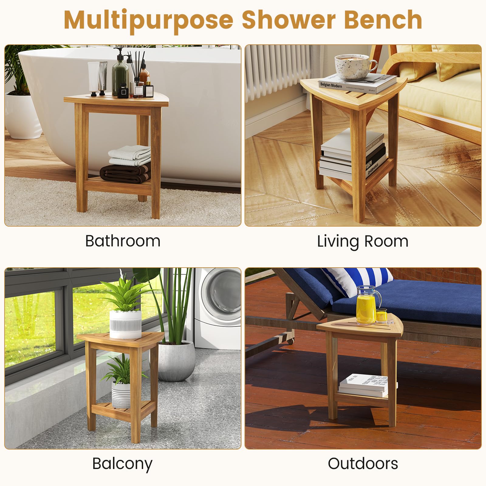 Giantex Corner Shower Bench - Teak Wood Shower Stool with Storage Shelf