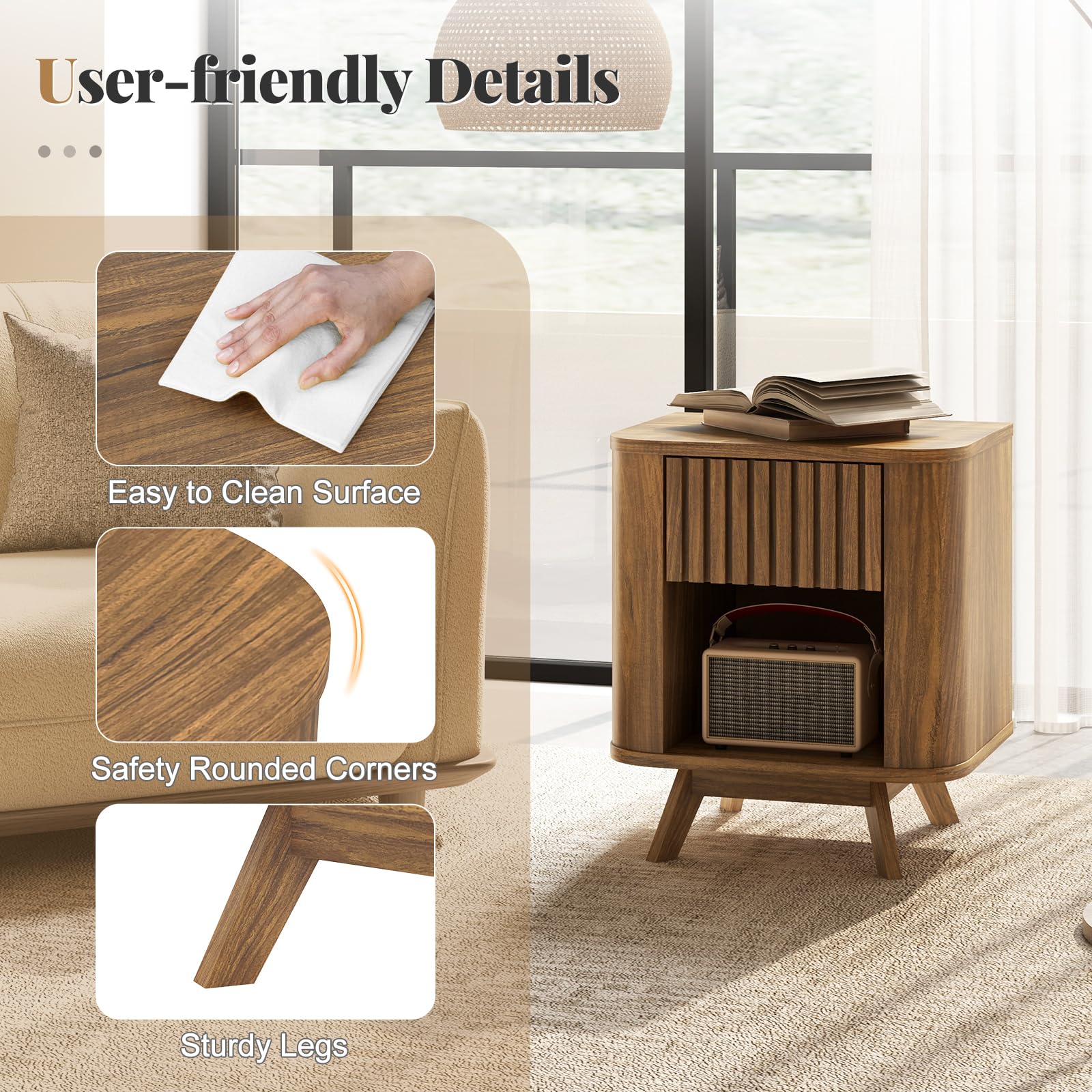 Giantex Mid Century Modern Nightstand Set of 1/2 Fluted Bedside Table