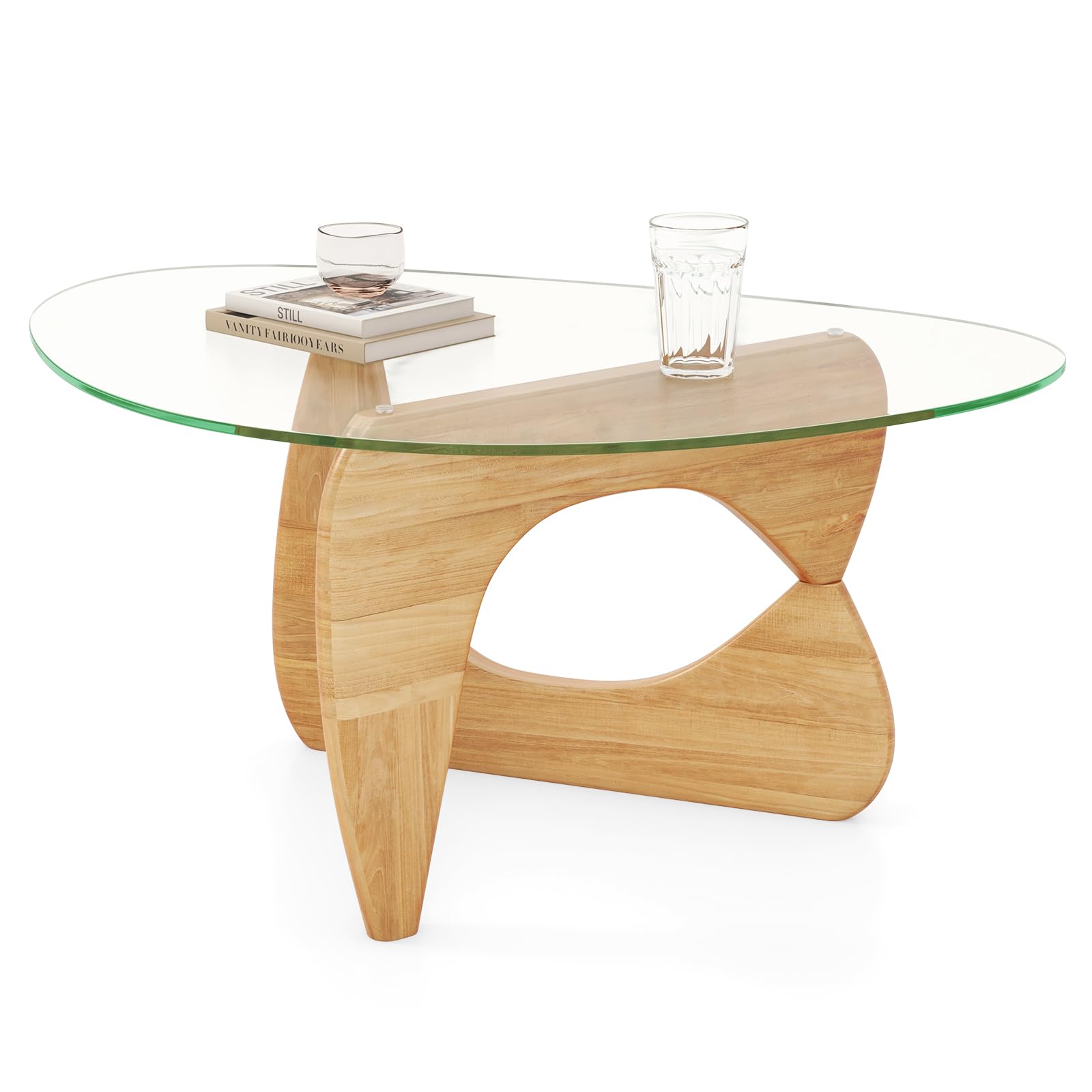 Giantex Triangle Glass Coffee Table, Solid Wood Tea Table with Tempered Glass Top & Adjustable Base