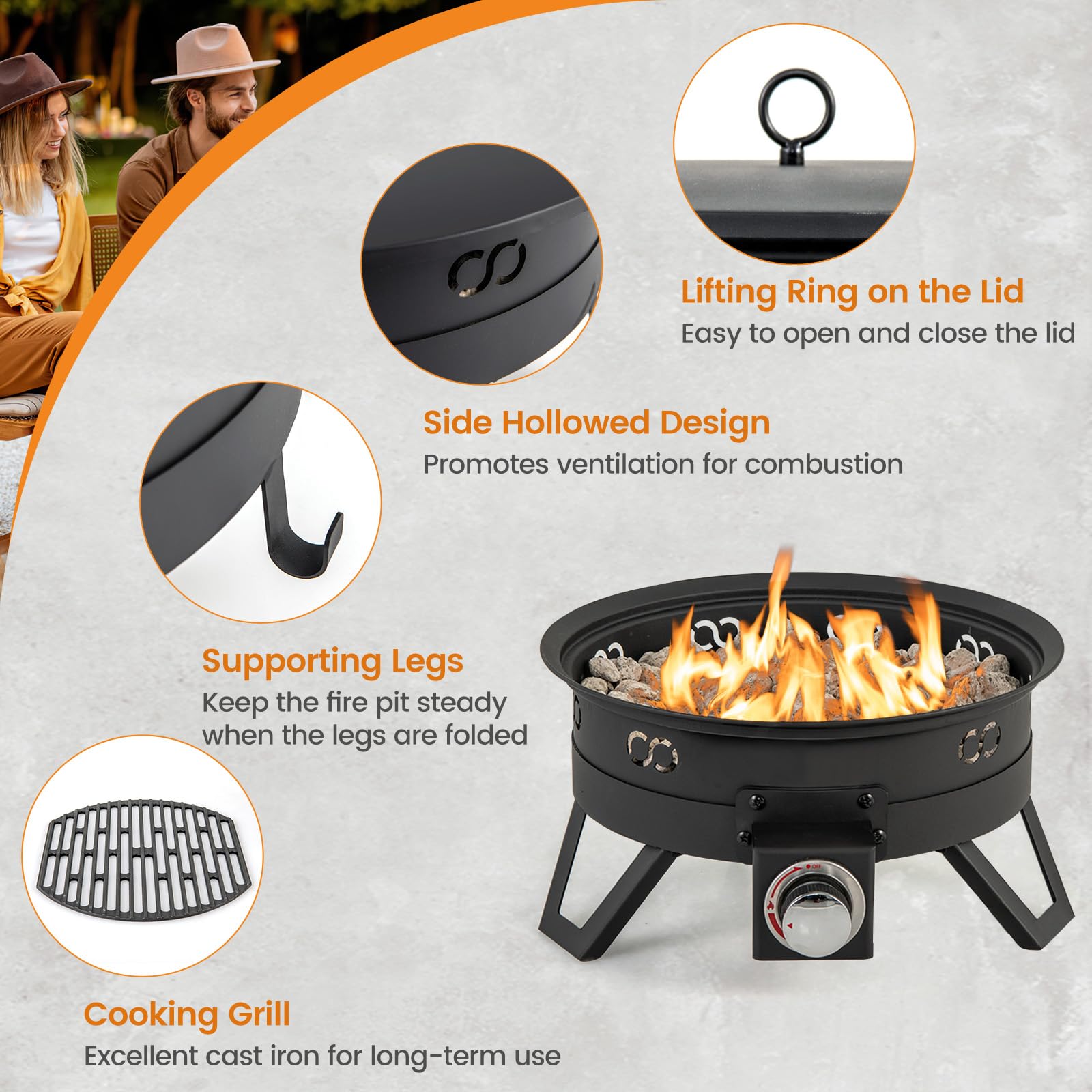 Giantex Portable Propane Fire Pit, 17" Small Outdoor Fire Bowl with Foldable Legs, Round Fireplace with Lid