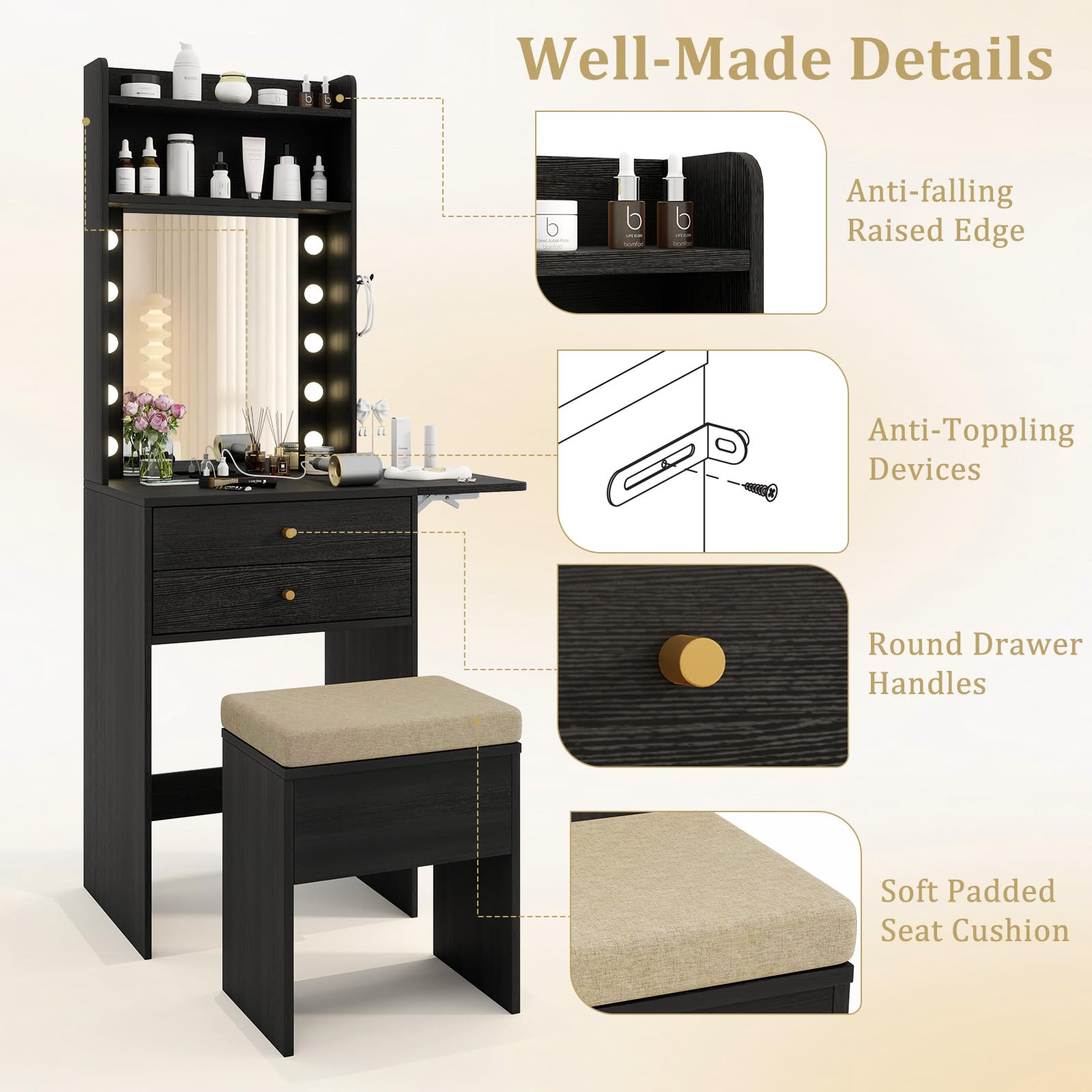 CHARMAID Small Vanity Desk with Mirror and Lights, Makeup Vanity Table with Charging Station, Drawers, Shelves, Foldable Side Table