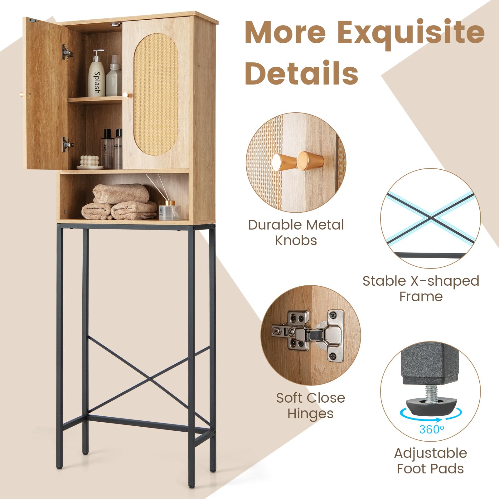 Giantex Over The Toilet Storage Cabinet - 69" Over Toilet Bathroom Organizer with Rattan Doors