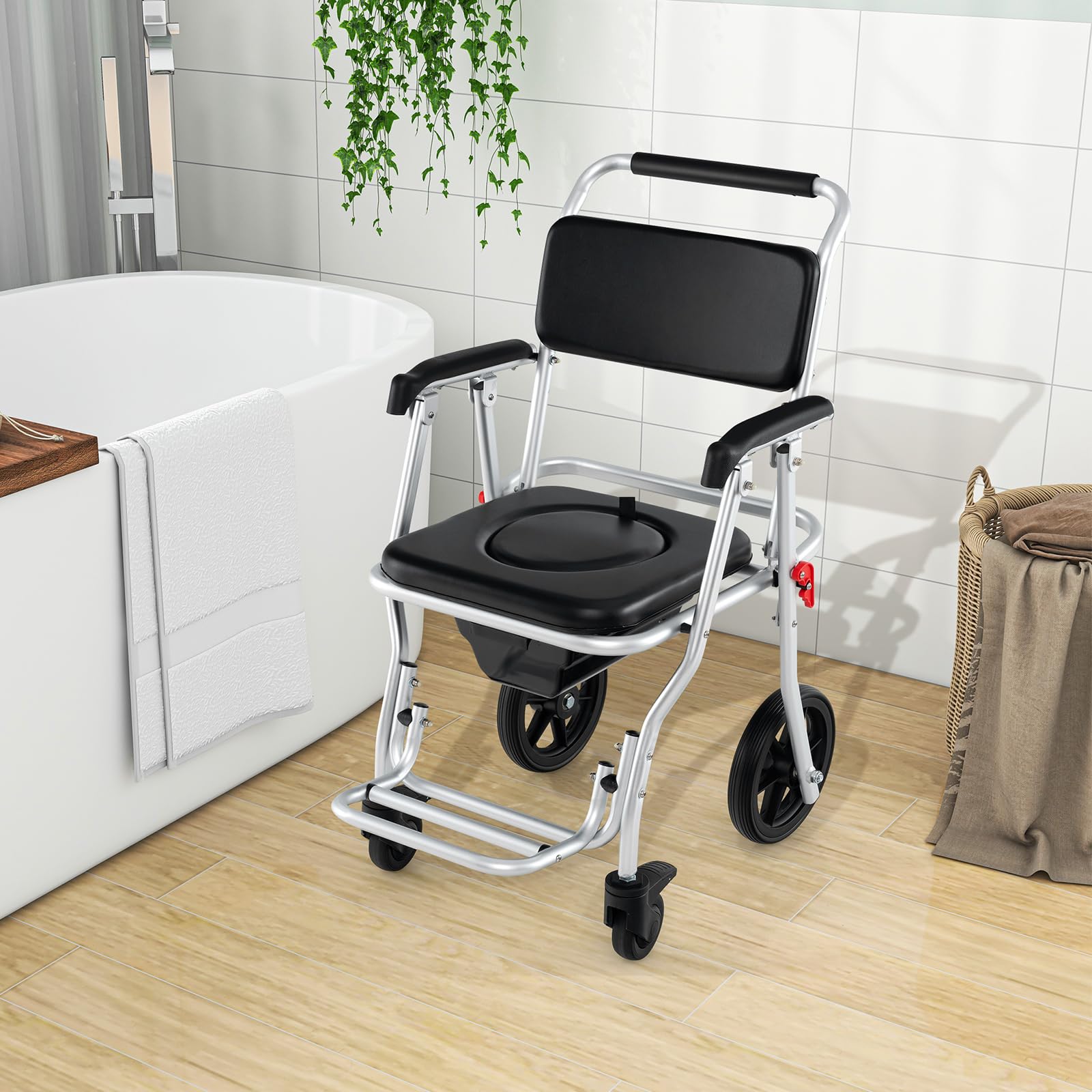 Giantex Bedside Commode Wheelchair for Toilet - Foldable Shower Chair with Arms, Lockable Casters