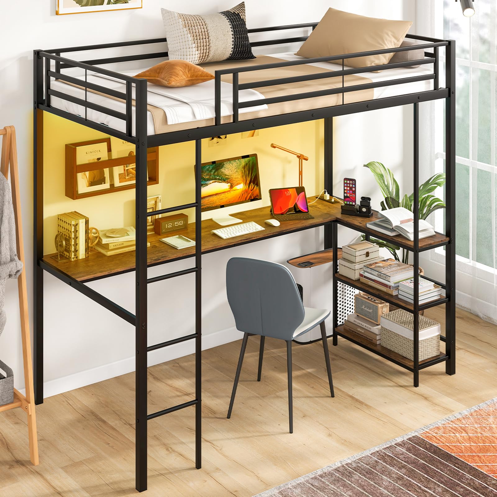 Giantex Twin Loft Bed with L-Shaped Desk, Metal Loft Bed Frame with LED Lights