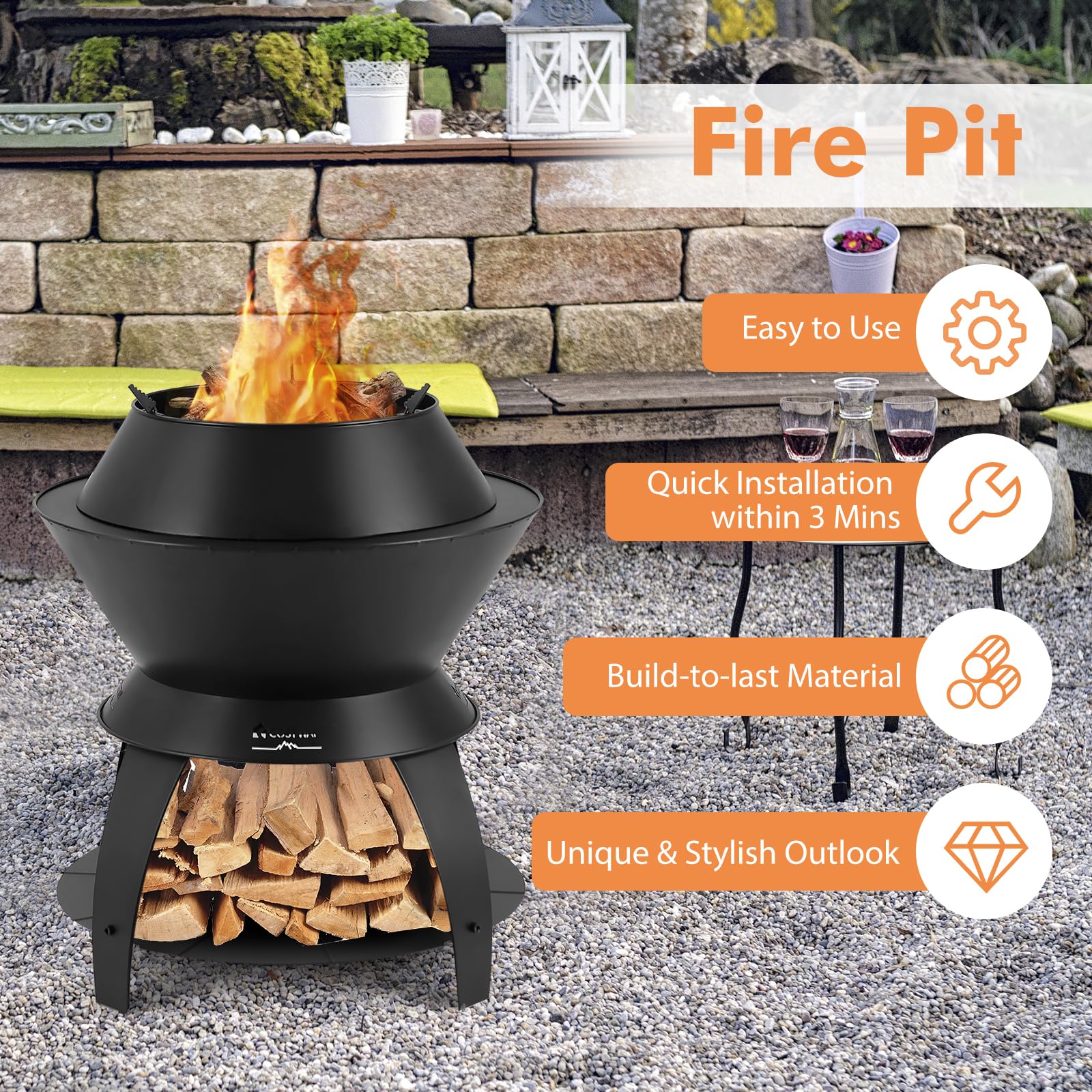 Giantex 3-in-1 Smokeless Fire Pit, 20" Wood Burning Firepit w/Removable Wok Ring & Ash Pan