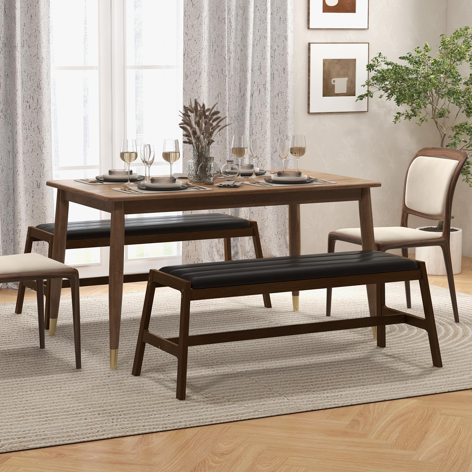 Giantex Upholstered Wood Dining Bench, 50" Entryway Bench w/Padded Seat & Solid Rubber Wood Frame